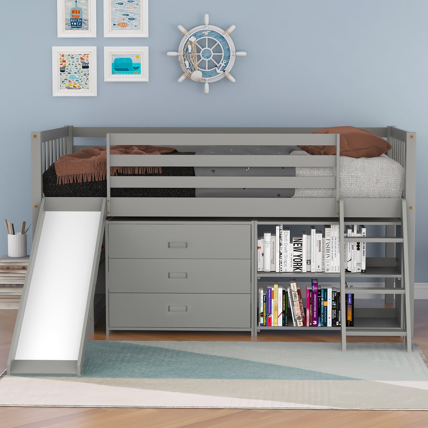 Low Loft Bed with Attached Bookcases and Separate 3-tier Drawers,Convertible Ladder and Slide,Twin,Gray