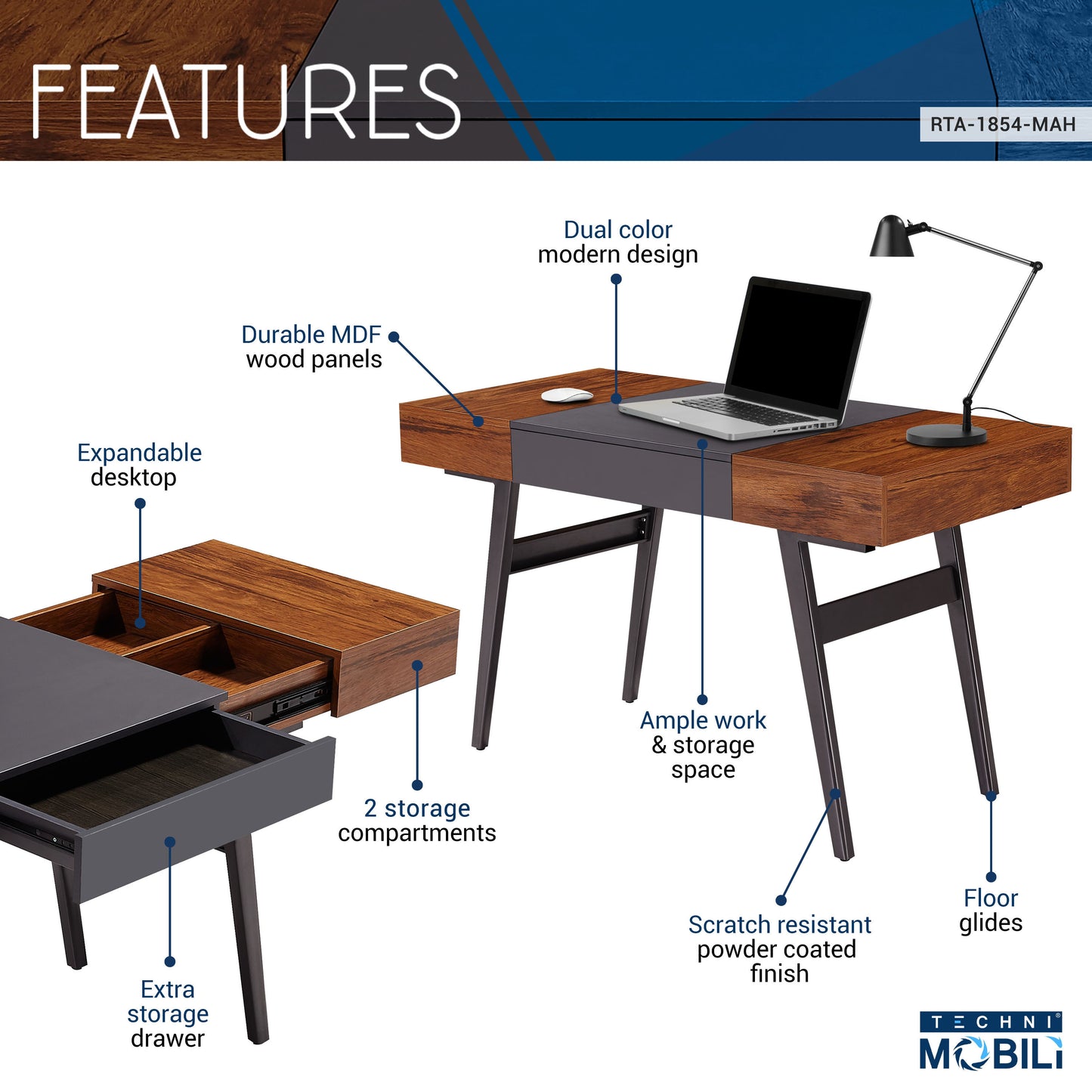 Mahogany and Grey Dual-tone Writing Desk with Storage