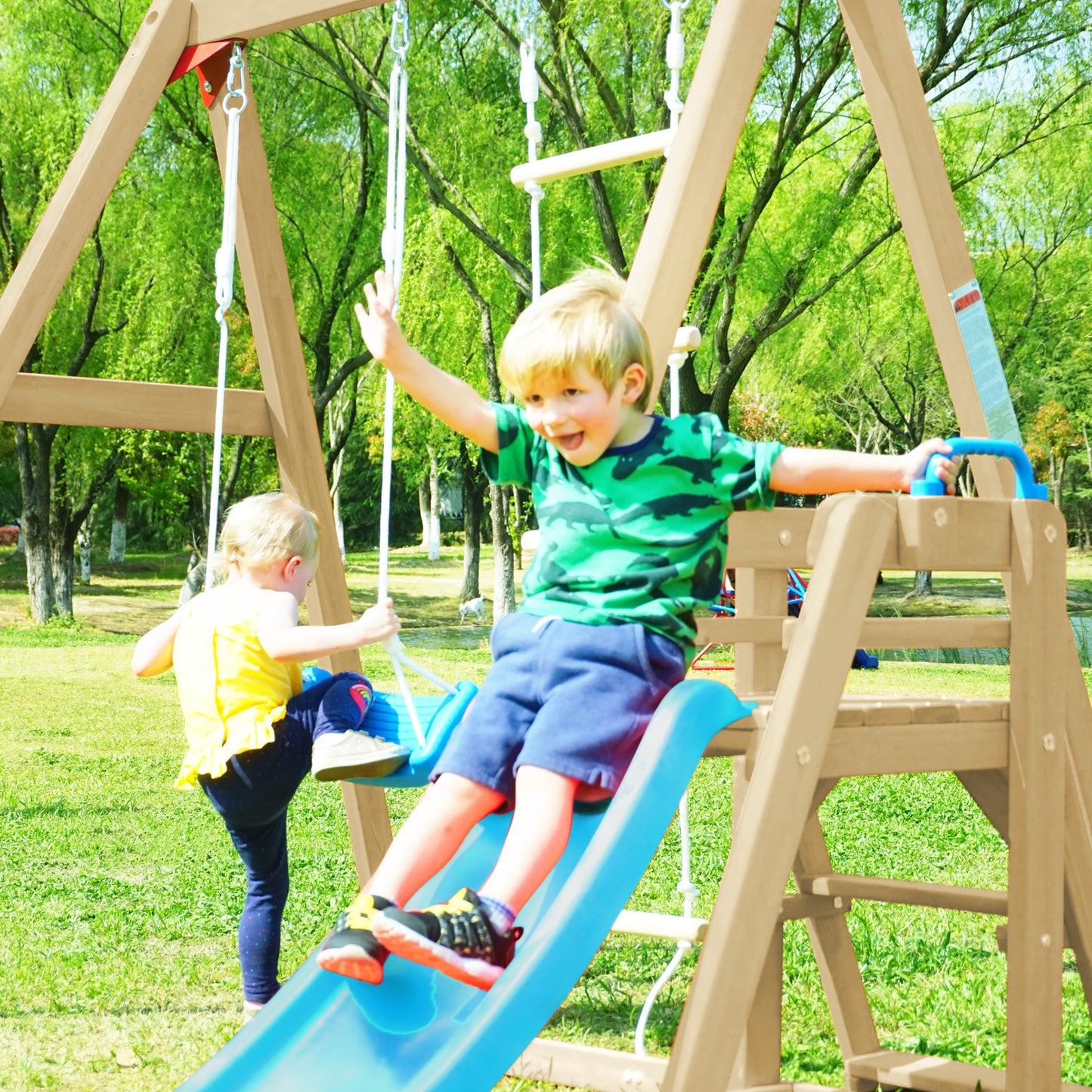 Wooden Swing Set with Slide and Climbing Rope Ladder for Toddler and Kids