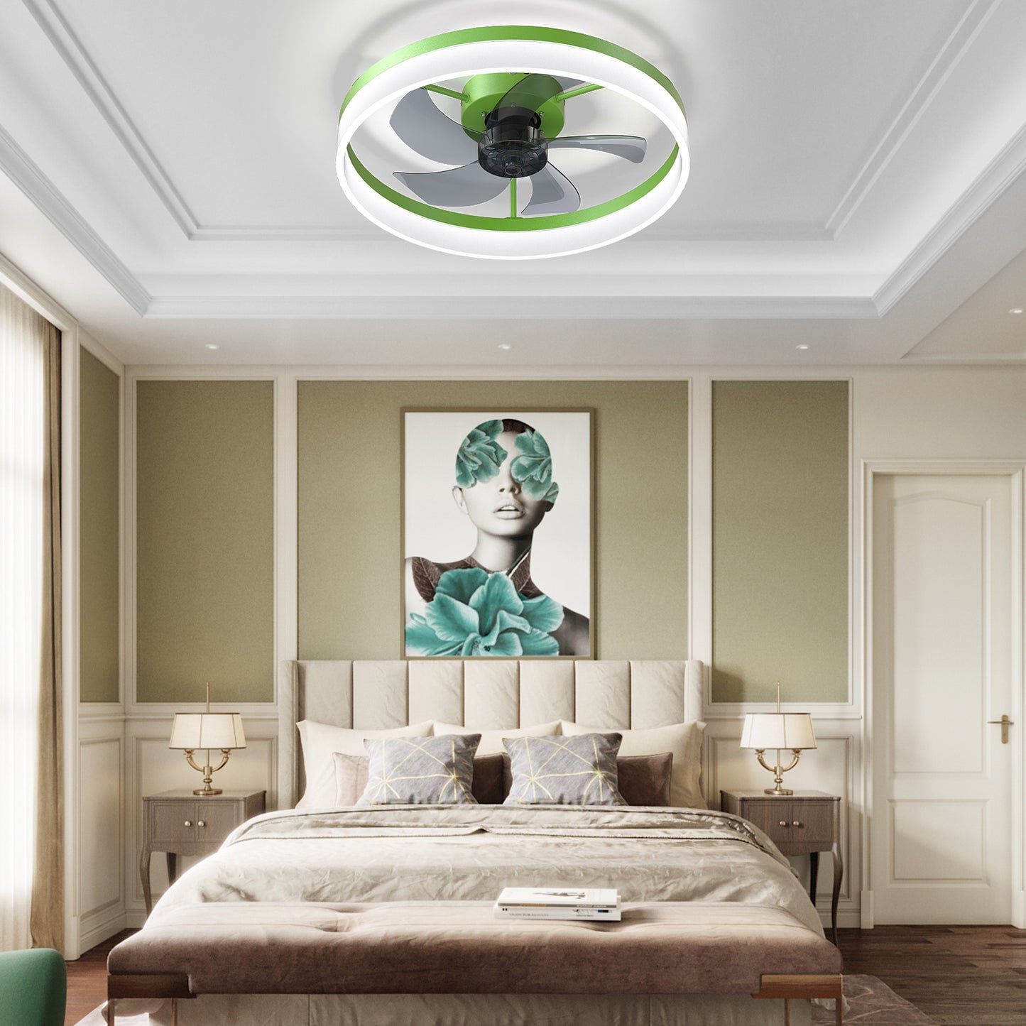 Green Modern Ceiling Fan with Dimmable LED Lights and Remote Control