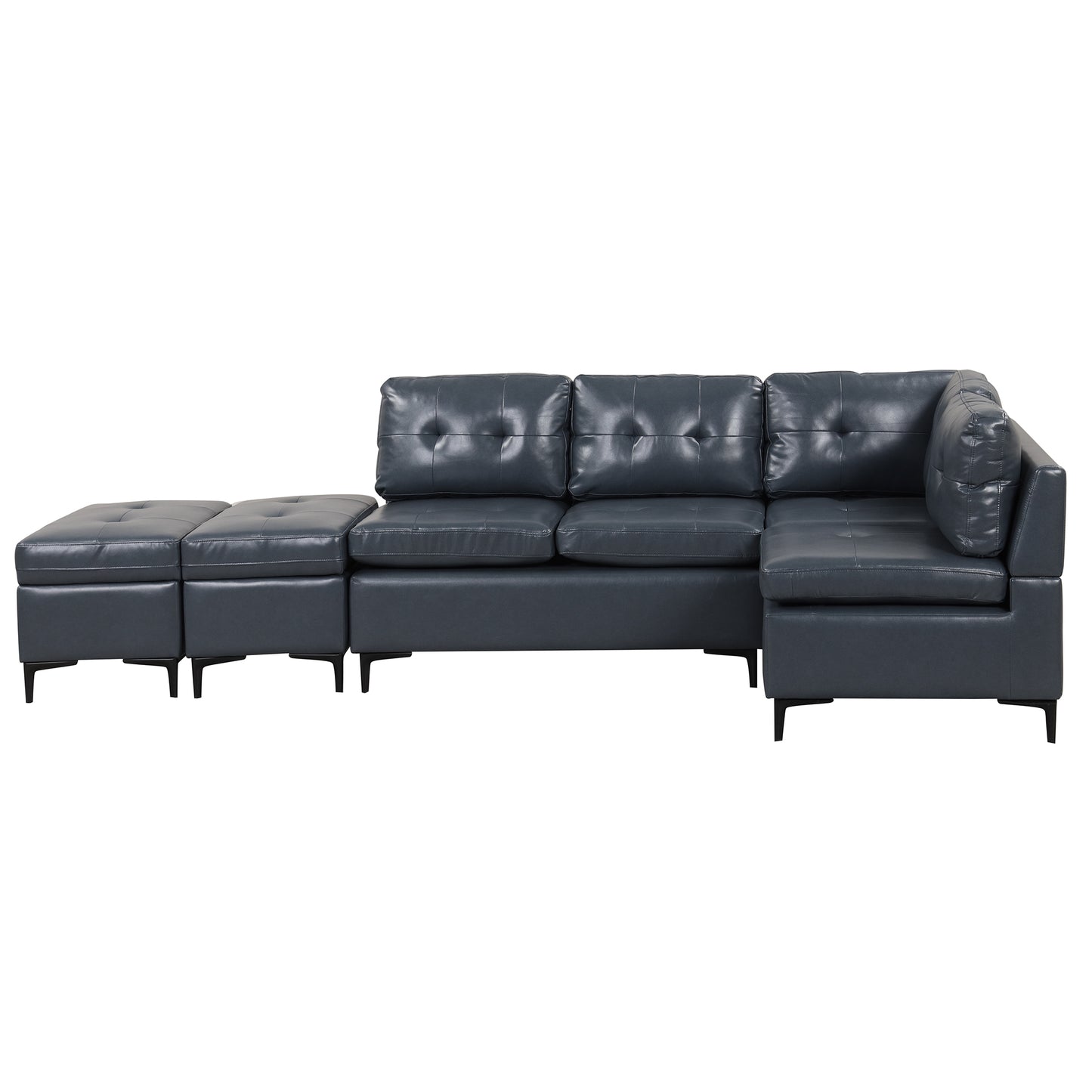 Blue L-Shaped Sectional Sofa Set with Movable Storage Ottomans