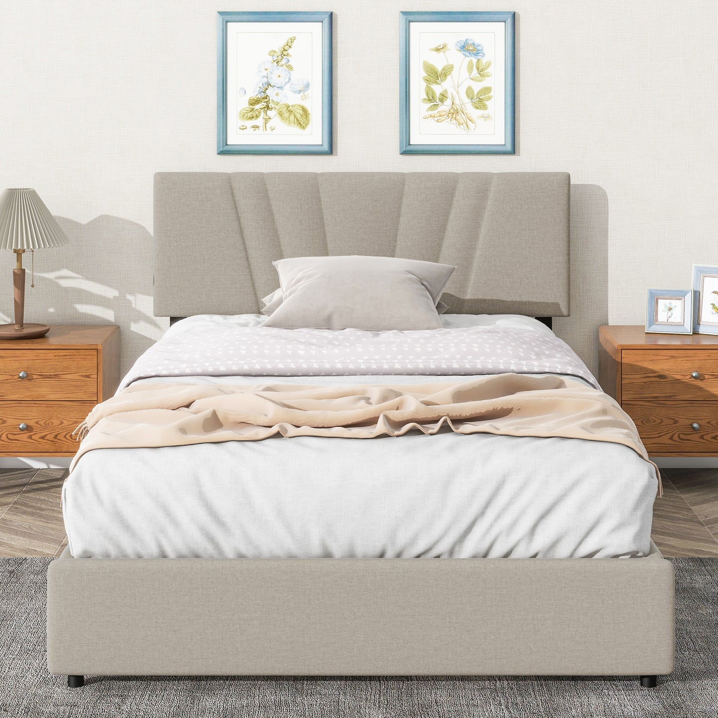 Queen Upholstered Platform Bed with Lifting Storage, Queen Size Bed Frame with Storage and Tufted Headboard,Wooden Queen Platform Bed for Kids Teens Adults,No Box Spring Needed(Queen, Beige)