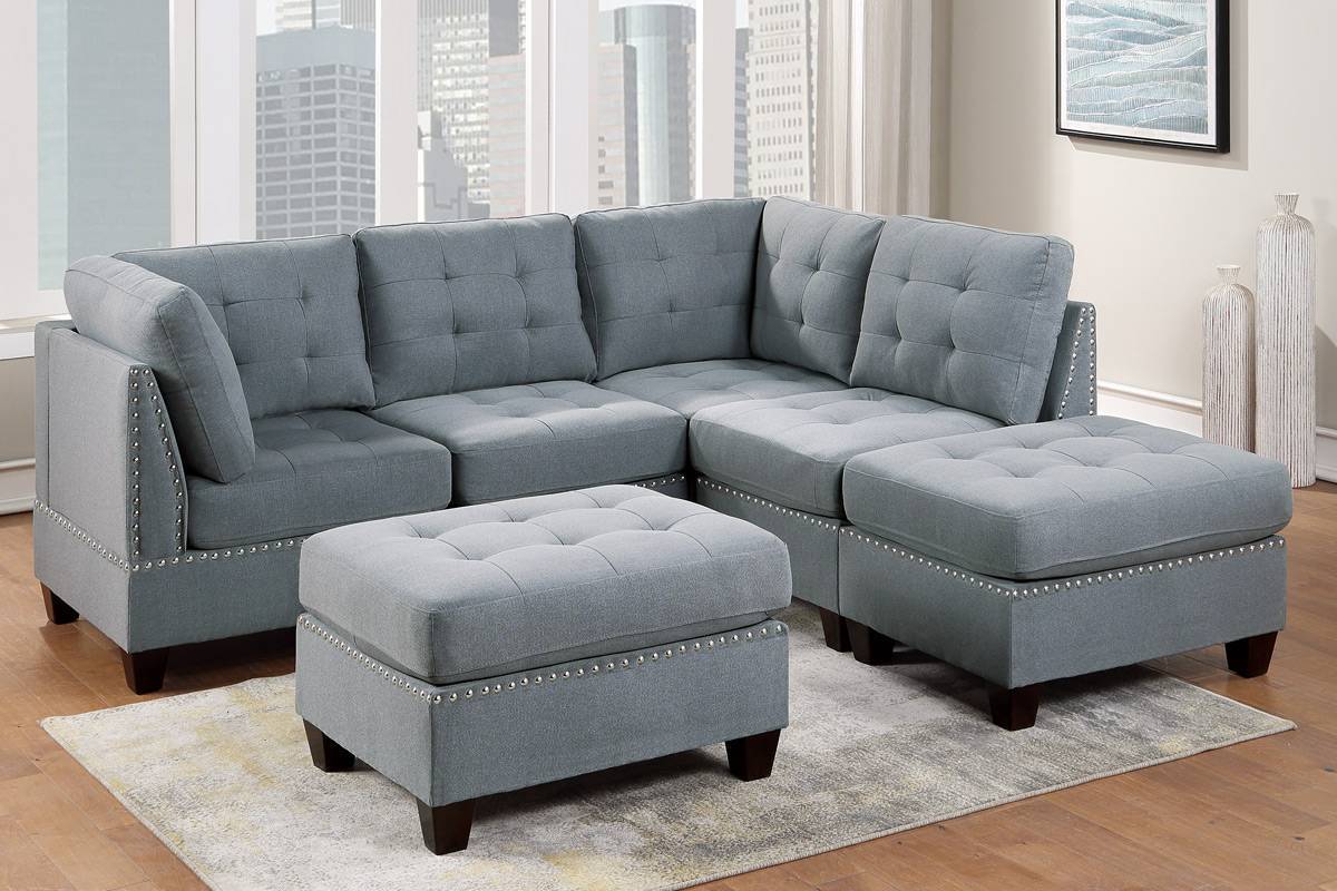 Elegant Gray Linen Modular Sectional Set with Tufted Nail heads and Plush Comfort