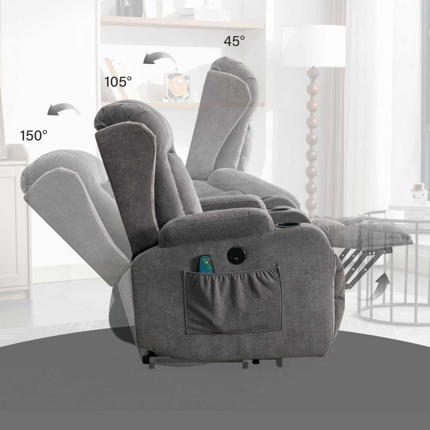 Elderly-Friendly Grey Power Lift Recliner Chair with Heat and Massage