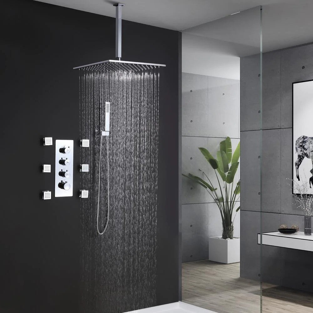 Luxury Thermostatic Mixer Shower System Rainfall with Set Shower Head and Hand shower Square Shower Head in Chrome Rough-in Valve