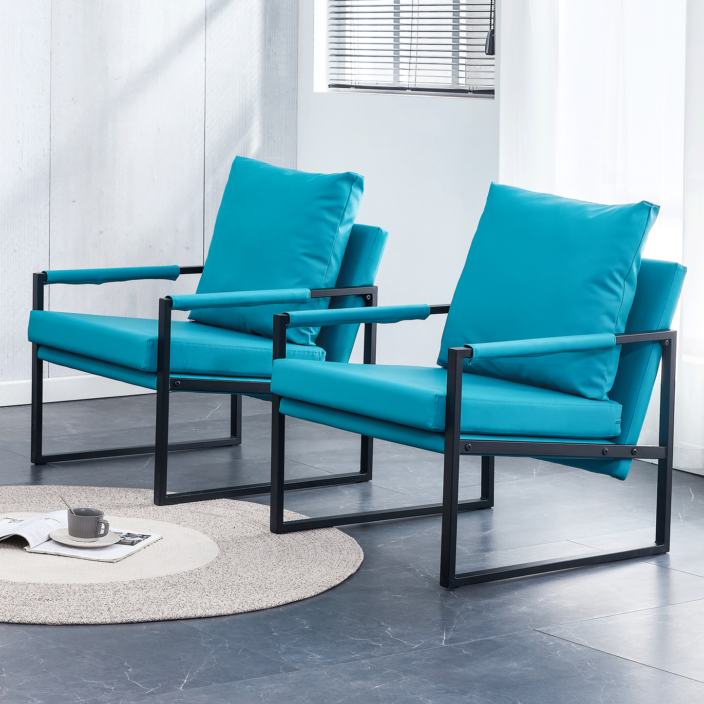 Cyan PU Leather 2-Piece Set of Modern Sofa Chairs with Metal Frame