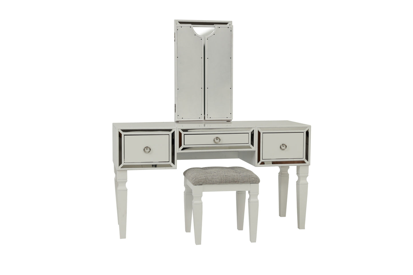 Luxurious Majestic Classic White Color Vanity Set w Stool 3-Storage Drawers 1pc Bedroom Furniture Set Tri-Fold Mirror