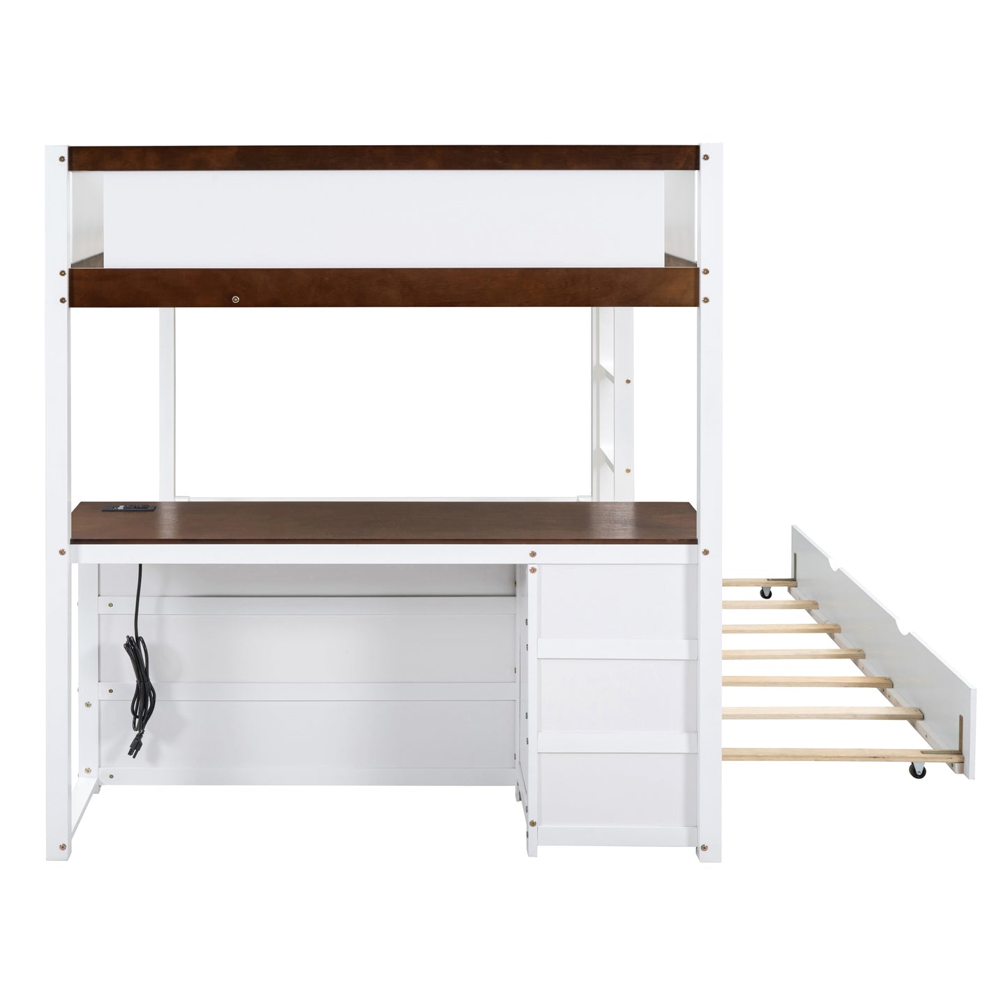 Full-Over-Full Bunk Bed with Twin Trundle, Desk, and Storage in White and Walnut - Space-Saving Bunk Bed with Trundle, Desk, and Storage in White/Walnut