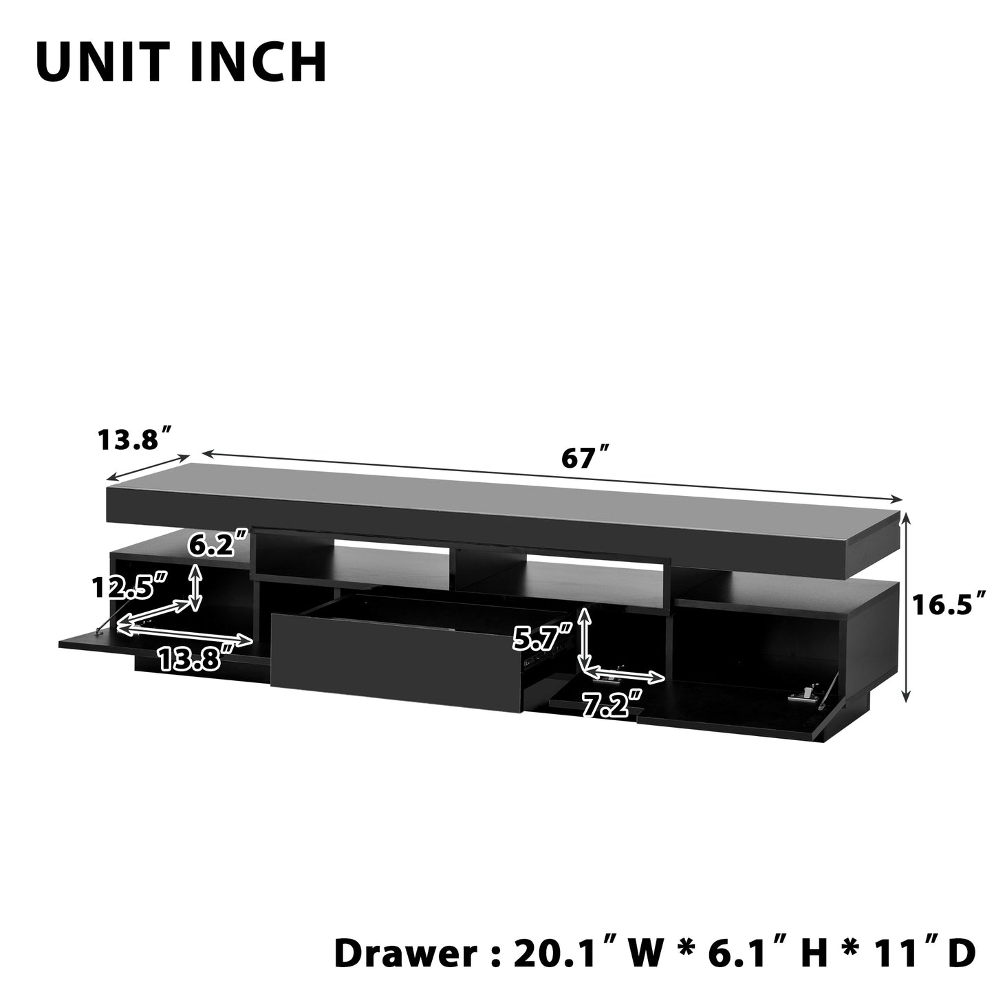 Sleek Black TV Stand with LED Lighting and Multi-Storage Options for 75 Inch TV