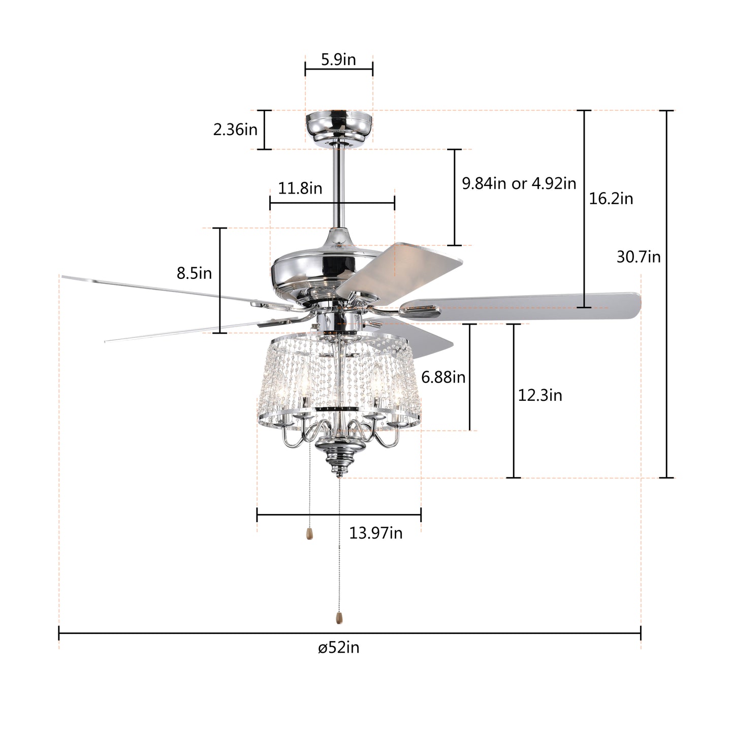 52 inch Crystal Ceiling Fan with Reversible Wood Blades and Noiseless AC Motor (Chrome)