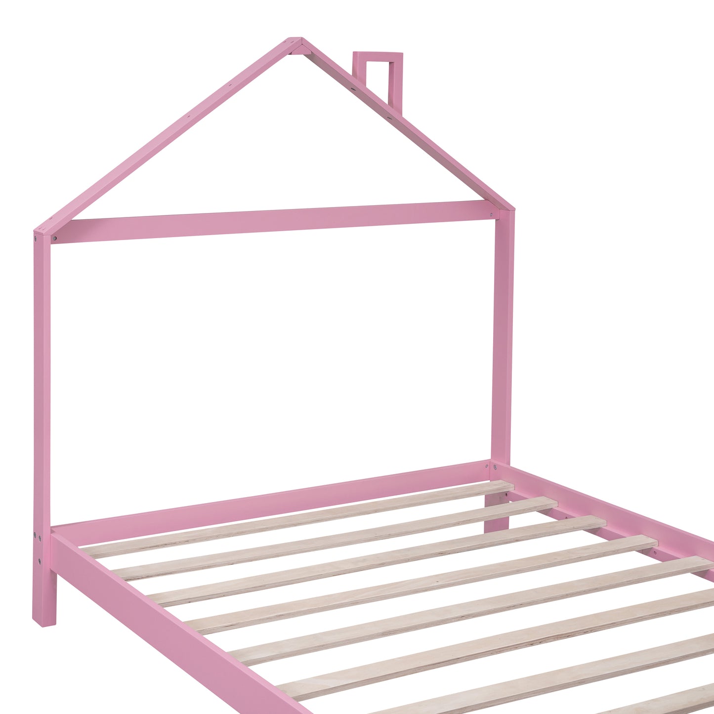 Full Size Wood Platform Bed with House-shaped Headboard and Footboard Bench,Pink