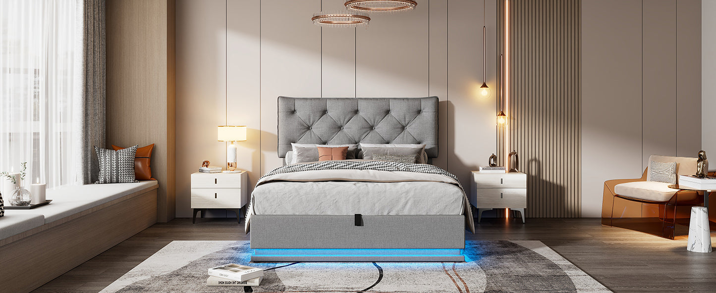 Full Size Upholstered Bed with Hydraulic Storage System and LED Light, Modern Platform Bed with Button-tufted Design Headboard, Gray