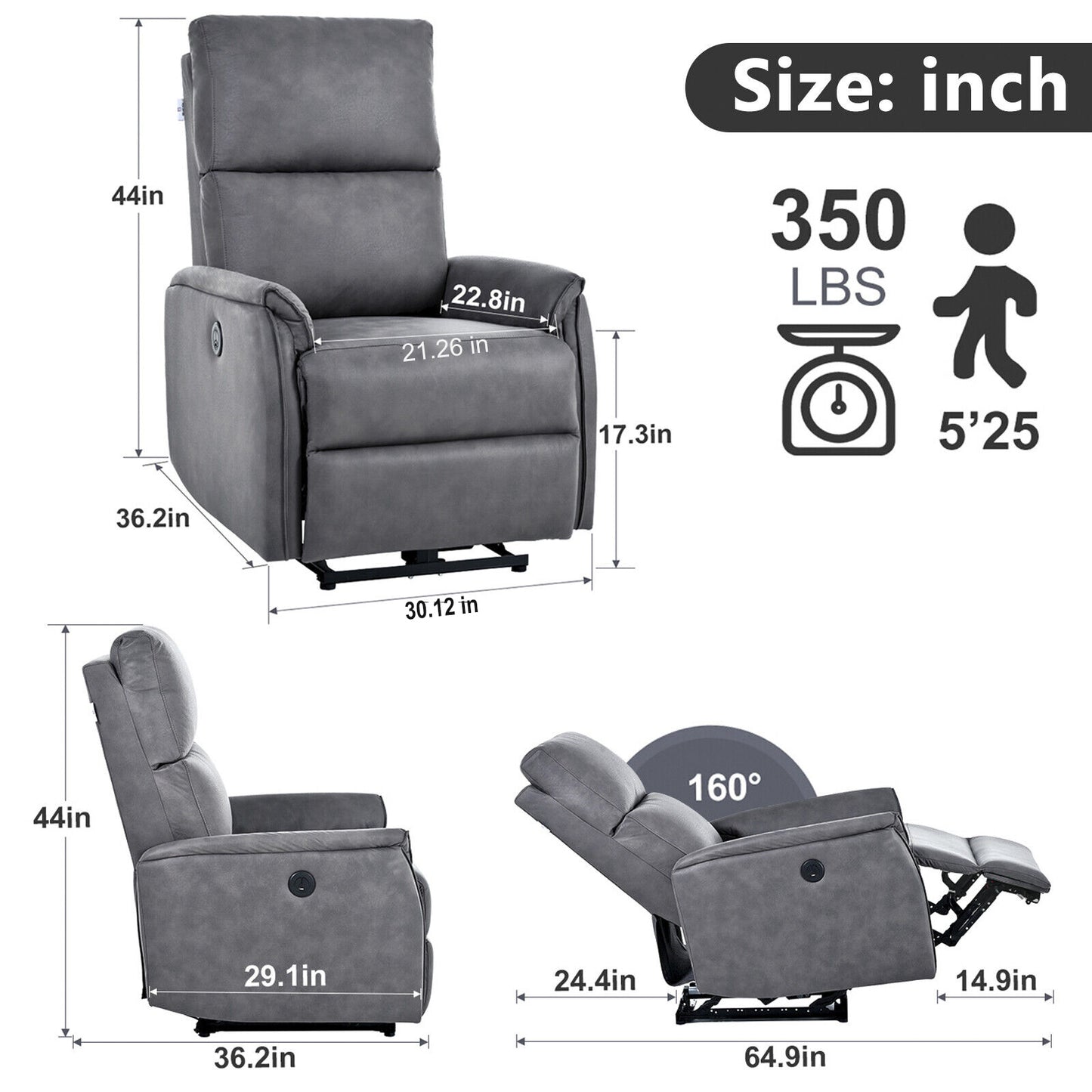 Dark Gray Electric Power Recliner Chair with USB Ports