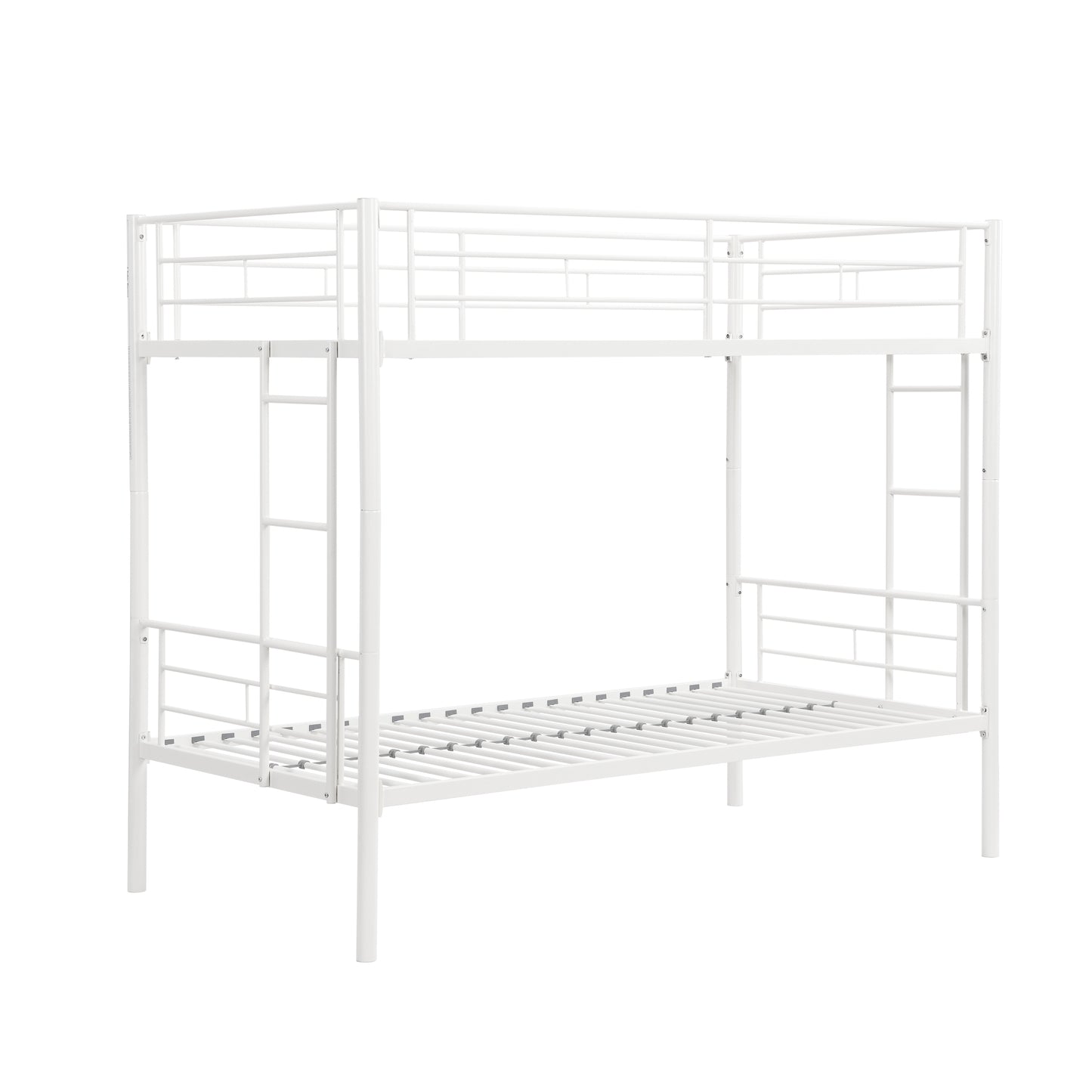 White Metal Convertible Twin Bunk Bed with Safety Guardrails and 2 Ladders