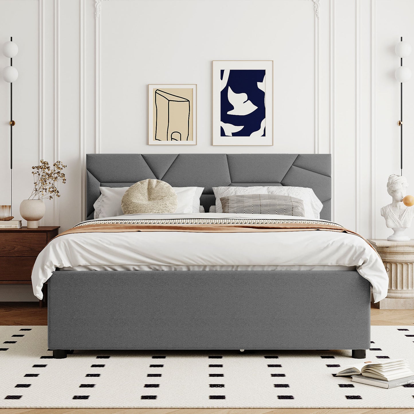 Queen Size Upholstered Platform Bed with Brick Pattern Headboard, with Twin XL Size Trundle and 2 drawers, Linen Fabric, Gray