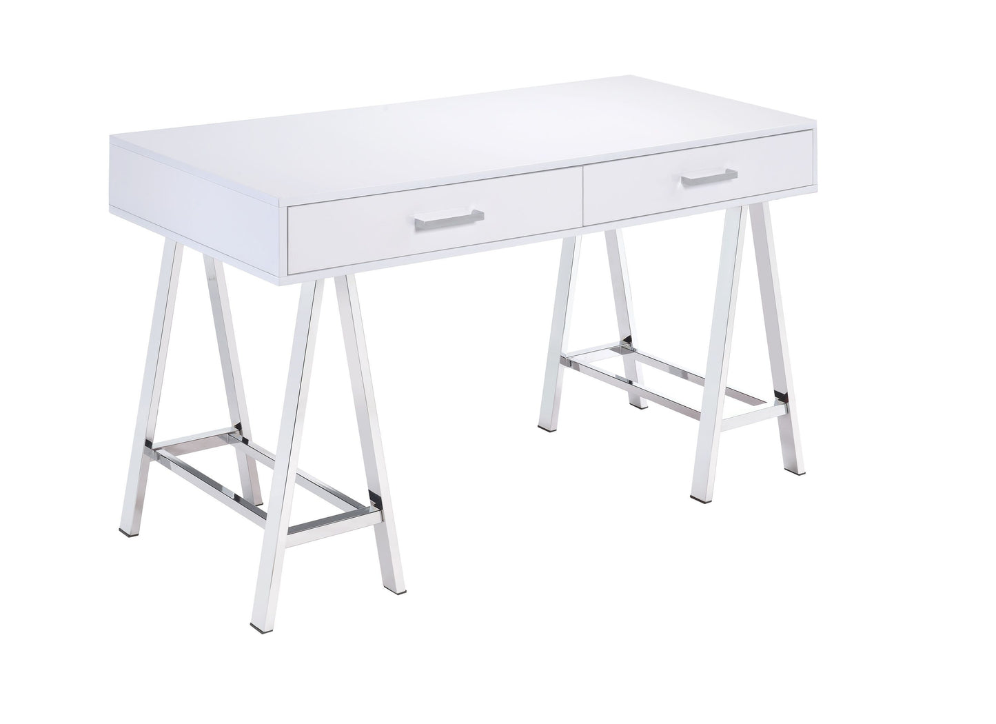 Coleen Modern Writing Desk with Chrome Legs and 2 Drawers in White Gloss Finish