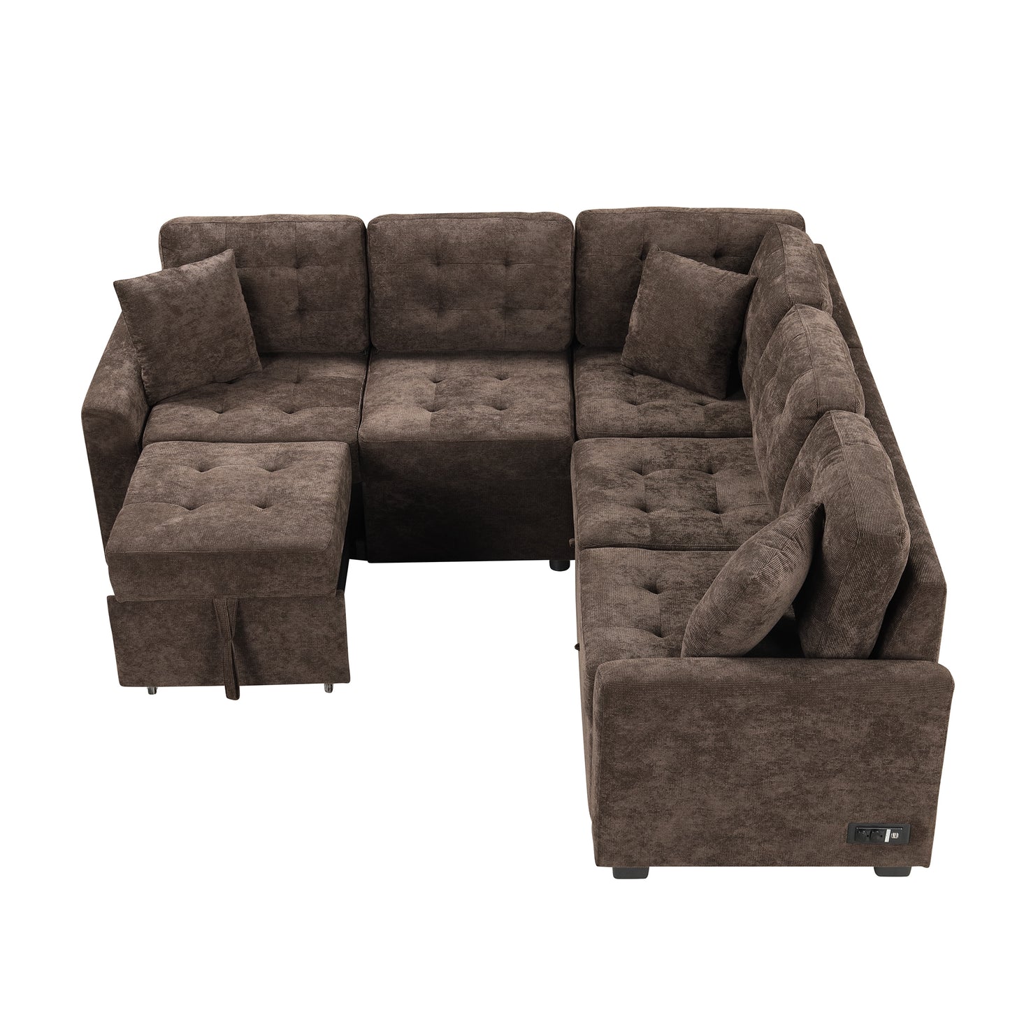 Convertible L-Shape Sleeper Sofa with USB Ports and Power Sockets, Brown