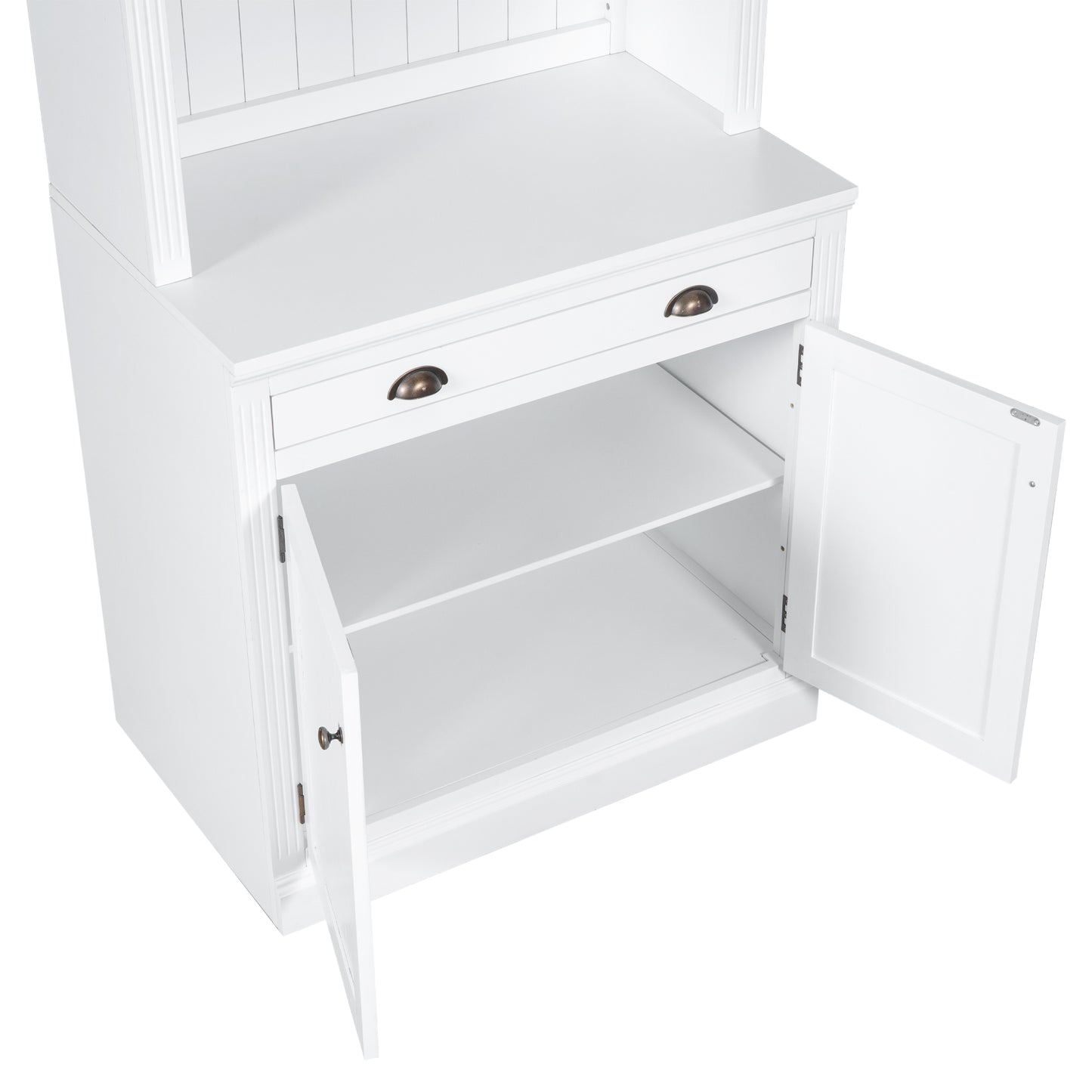 83.4 Tall 2-Piece White Bookshelf & Writing Desk Set with LED Lighting, Storage Drawers, and Doors