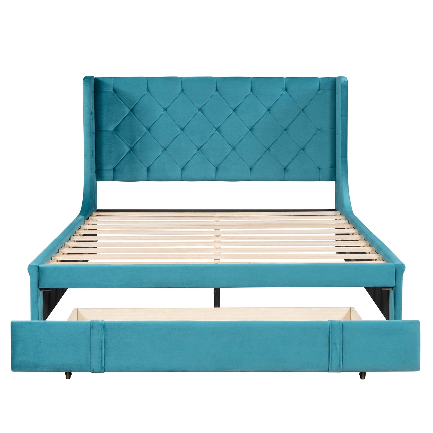 Queen Size Storage Bed Velvet Upholstered Platform Bed with Wingback Headboard and a Big Drawer (Blue)