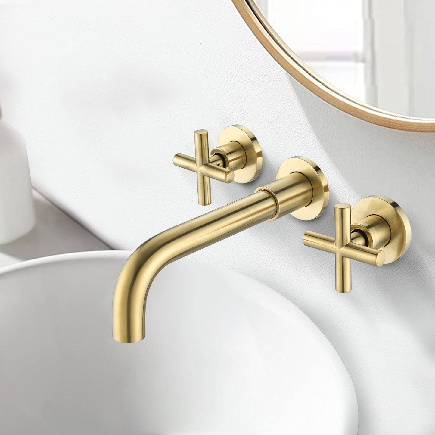 Golden Cross-Handle Wall Mounted Brass Bathroom Faucet