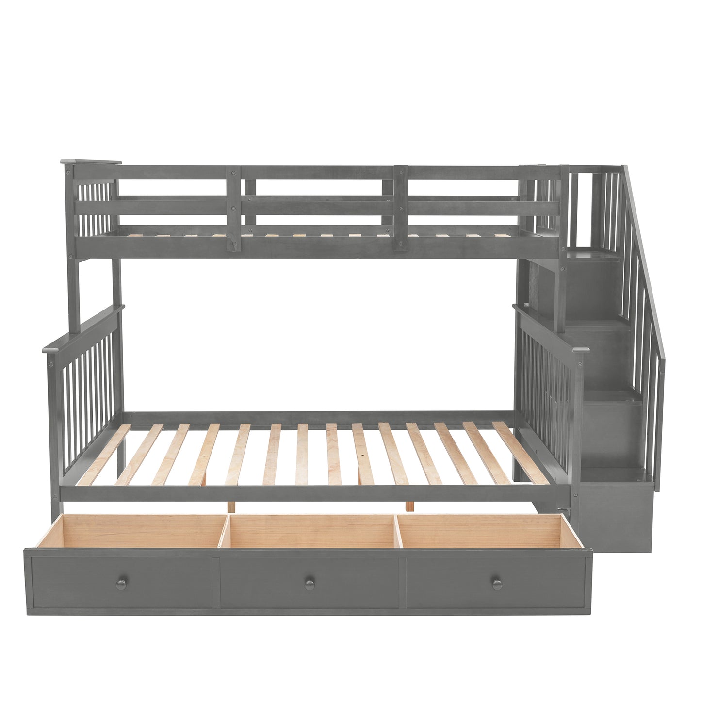 Stylish Gray Stairway Bunk Bed Set with Drawer and Storage for Bedroom