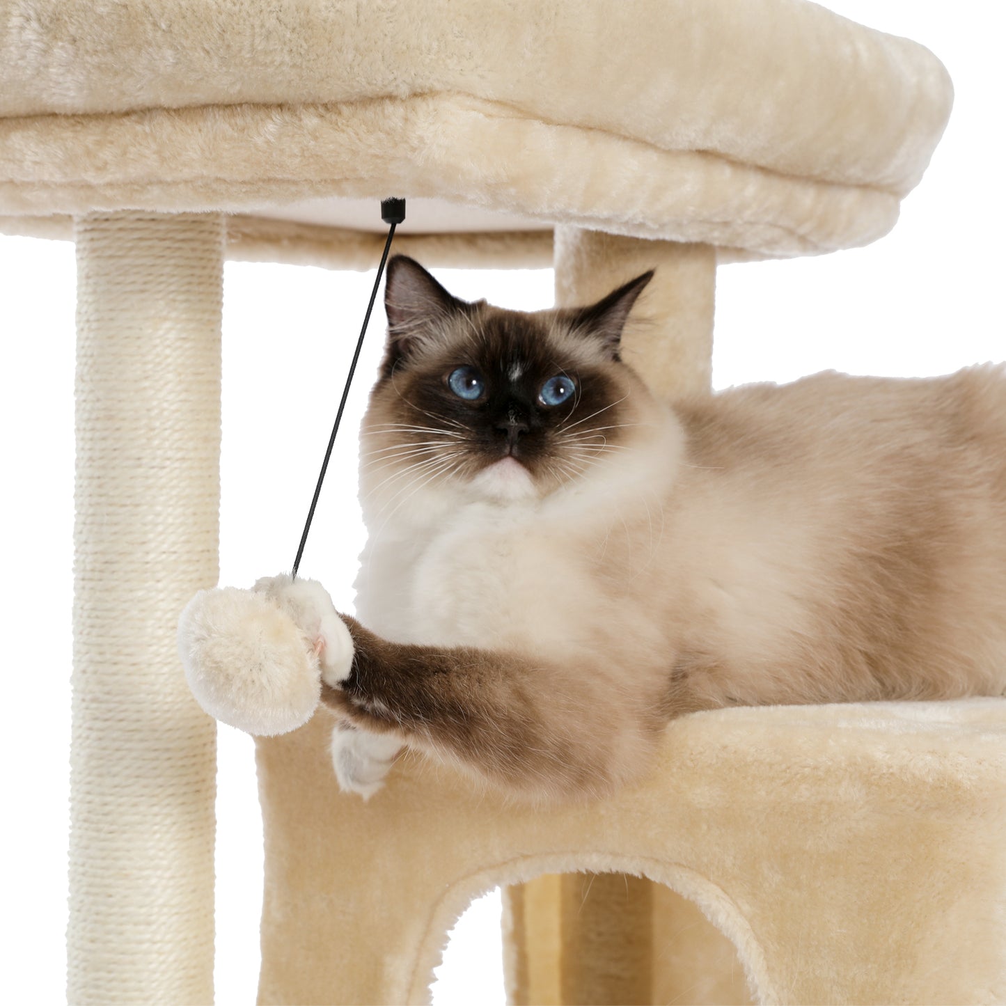 Cat Tree Luxury 34 Inches Cat Tower with Double Condos, Spacious Perch, Fully Wrapped Scratching Sisal Posts and Replaceable Dangling Balls Beige