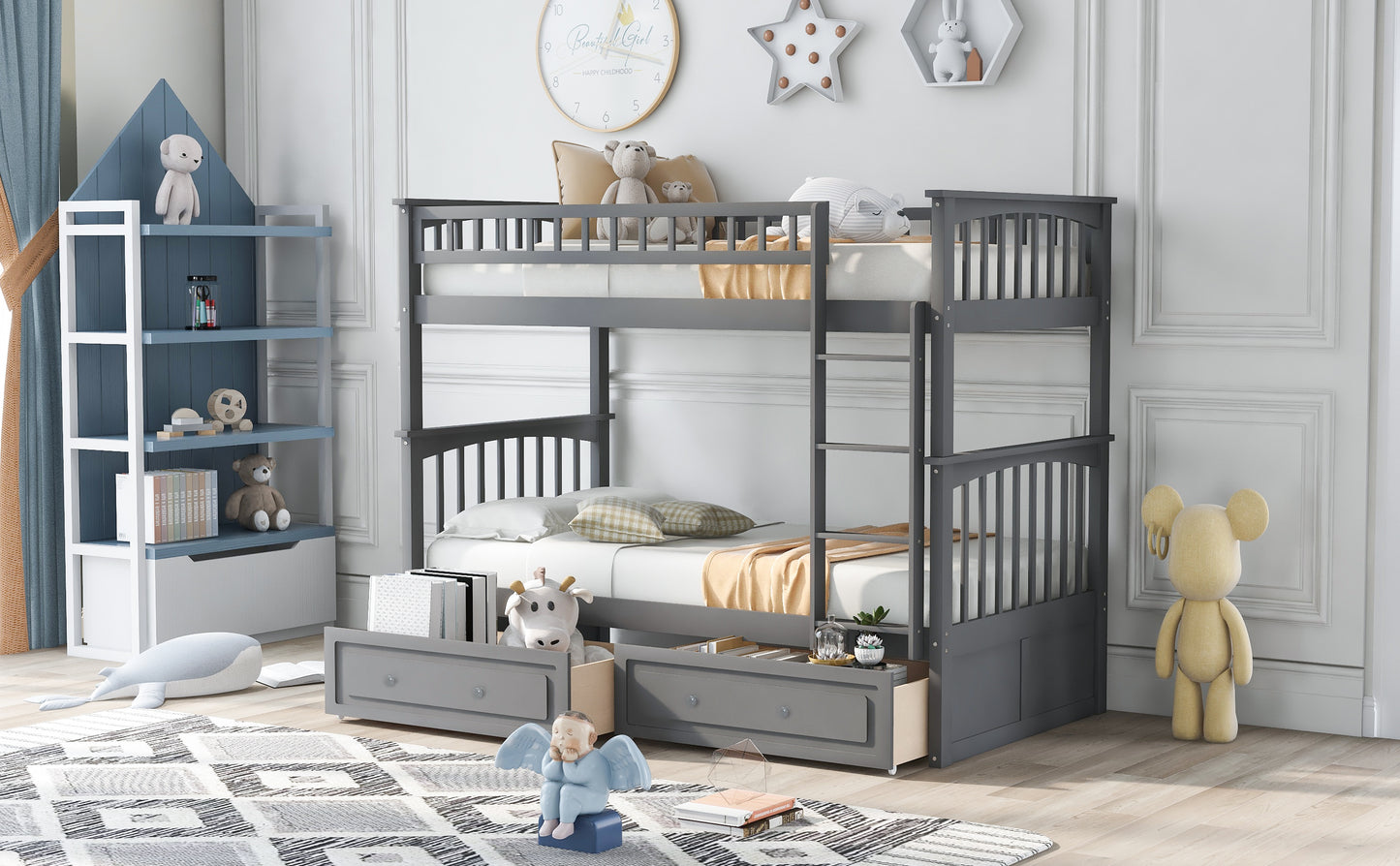 Gray Wood Convertible Bunk Bed with Twin-Over-Twin Beds and Drawers