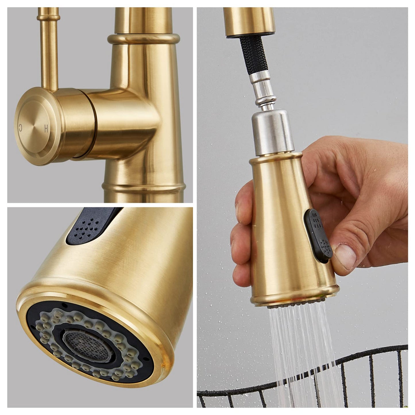 Gold Kitchen Faucet with Pull Down Sprayer, Brushed Gold Kitchen Sink Faucets 1Handle Single Hole Deck Mount High Arc 360 Degree Swivel Pull Out Kitchen Faucets