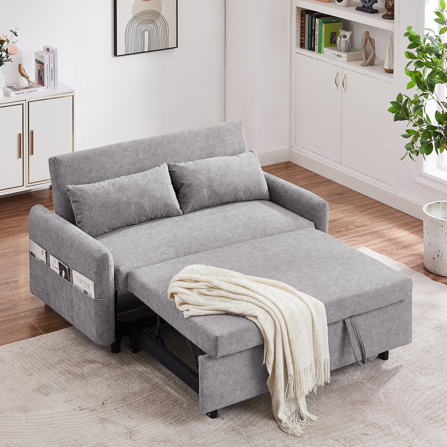 Adjustable Grey Loveseat Sofa Bed with USB Ports and Storage Pockets