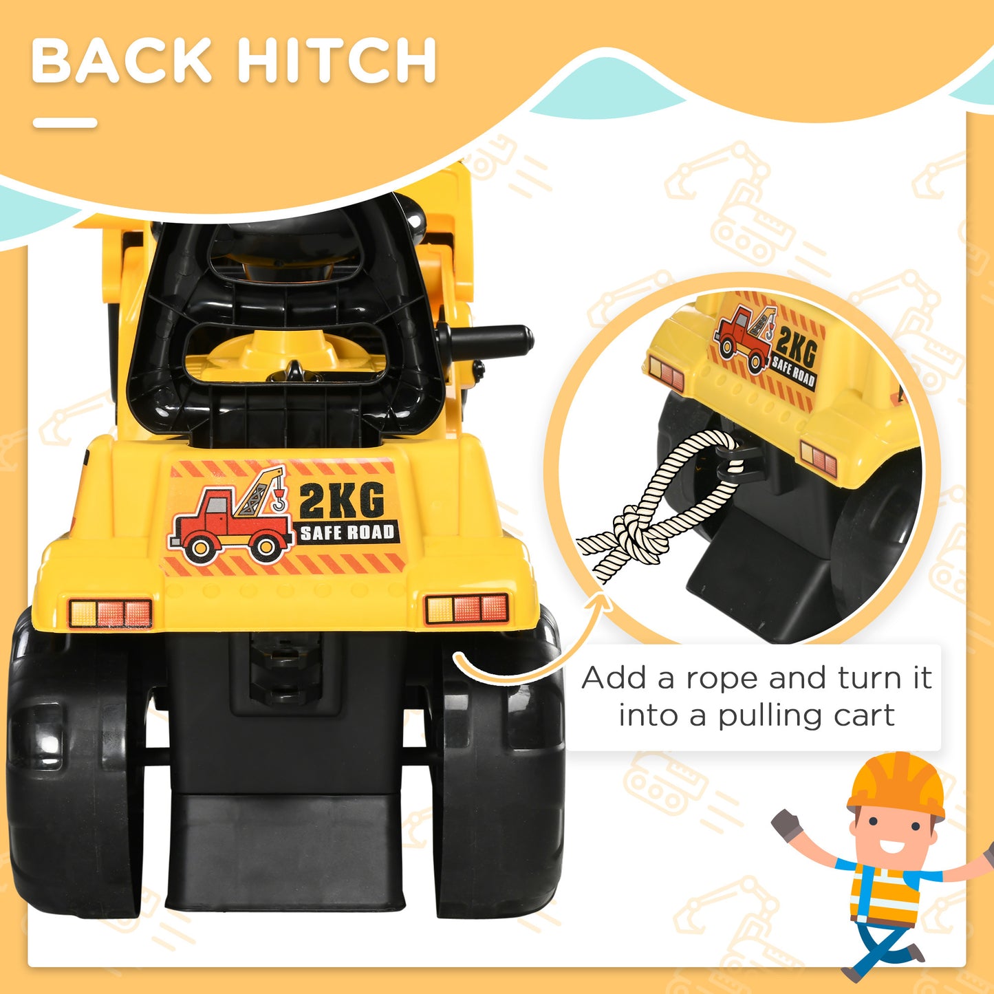 Kids Excavator Ride-on Pulling Cart with Sound Effects and Under-Seat Storage