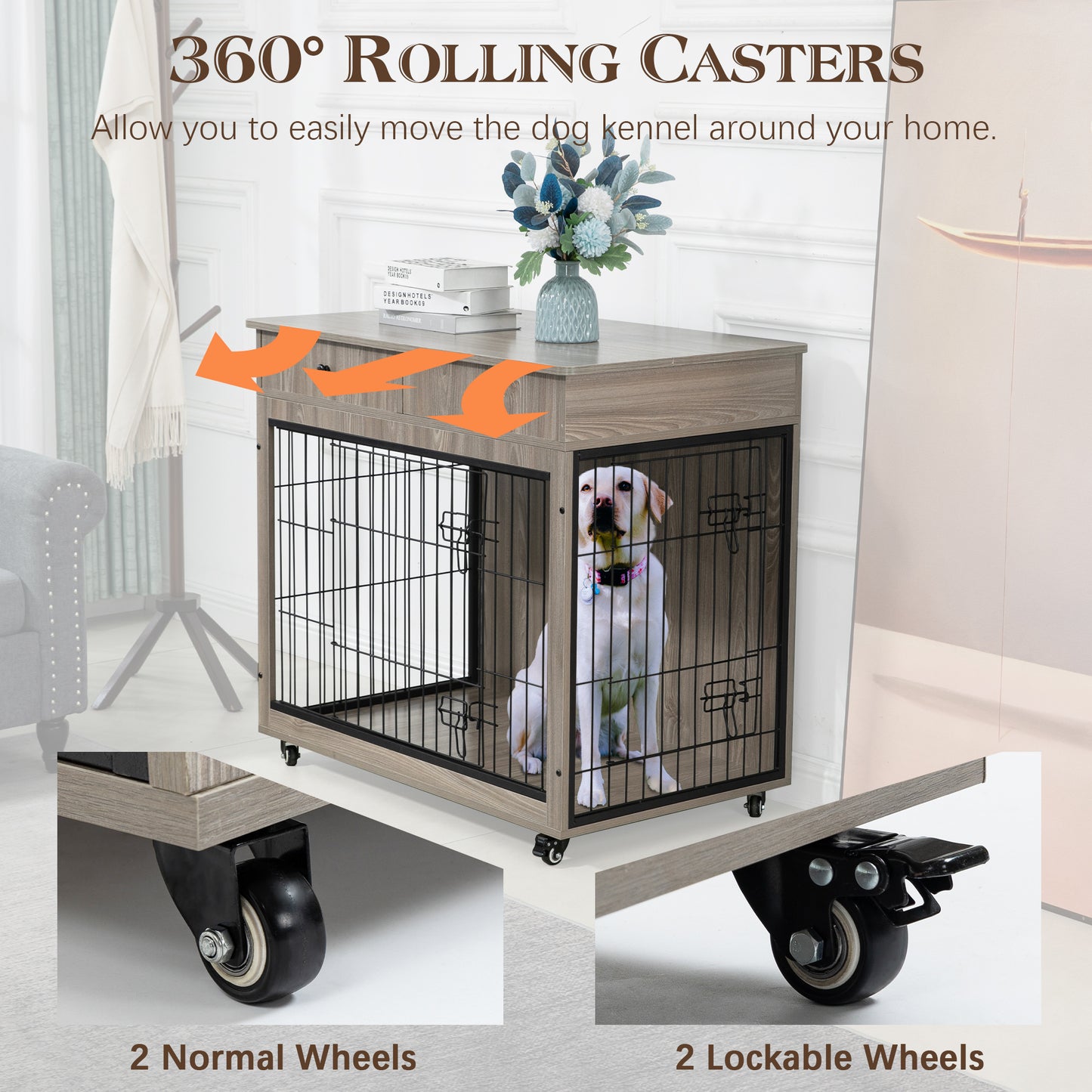 Dog Crate Furniture, Wooden Dog Crate End Table, 38.4 Inch Dog Kennel with 2 Drawers Storage, Heavy Duty Dog Crate, Decorative Pet Crate Dog Cage for Large Indoor Use (Grey) 38.4" L×23.2" W×35" H