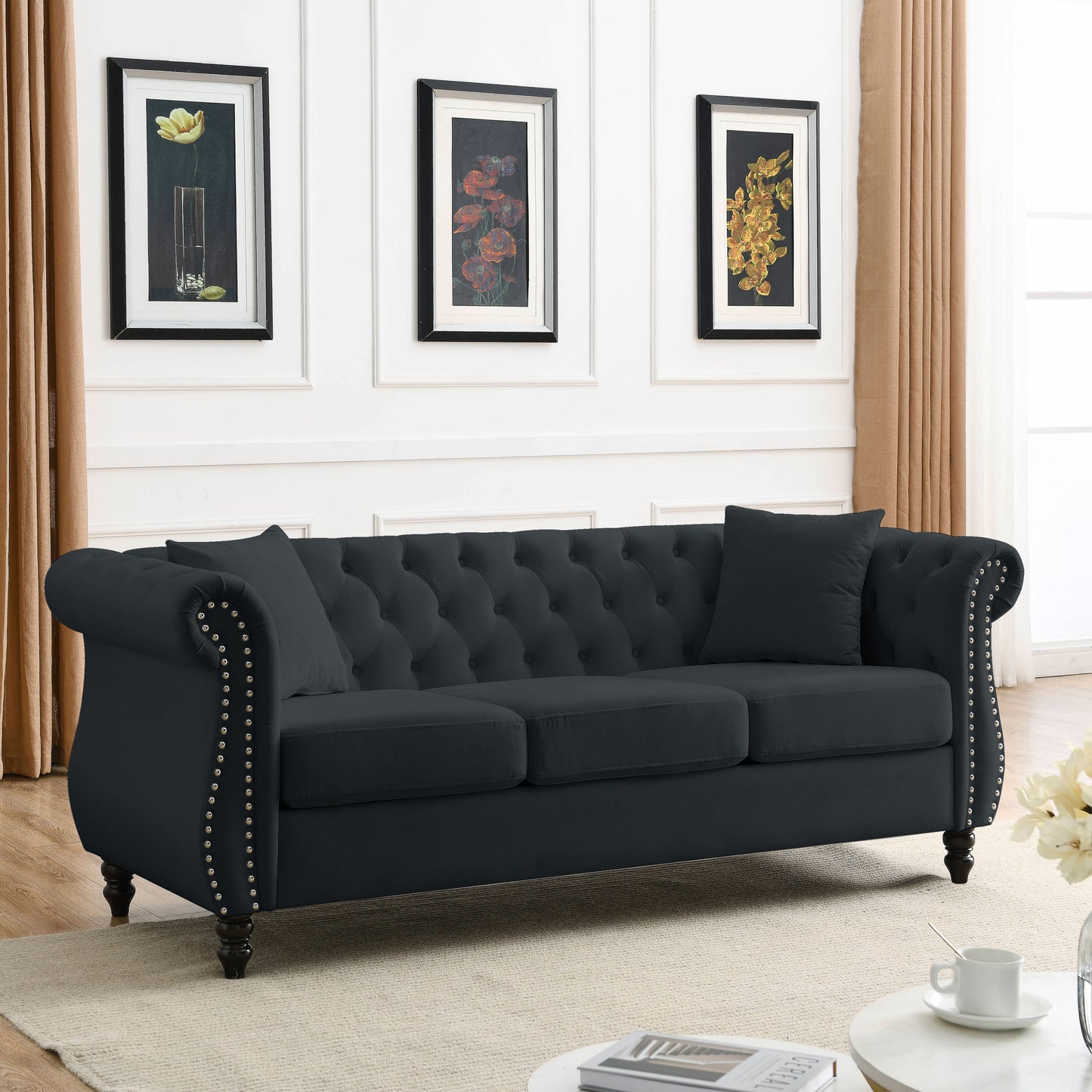 Elegant 80 Black Velvet Chesterfield Sofa with Rolled Arms