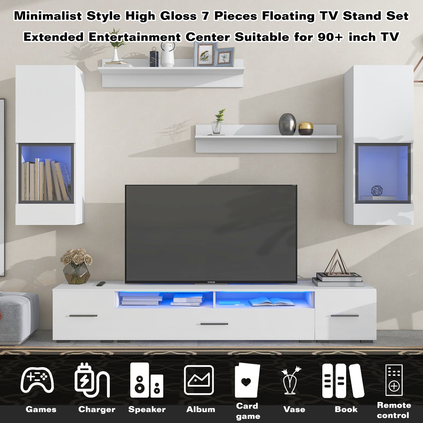 Elegant White Floating TV Stand Set with LED Lights - Versatile Minimalist Entertainment Center for Large TVs