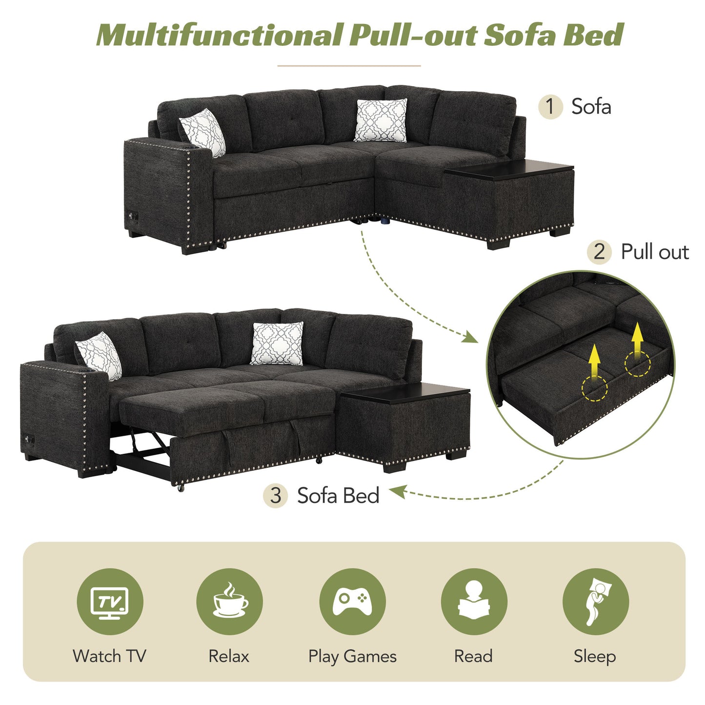 83.8 L-Shaped Reversible Sectional Sleeper Sofa with Cup Holder and USB Ports, Black