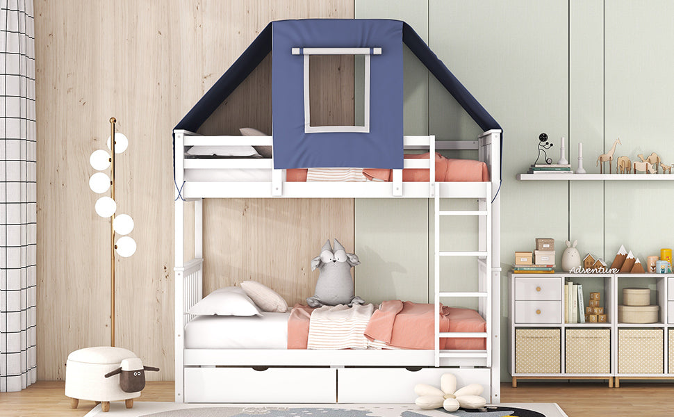 House-Shaped Twin Bunk Bed with Tent, Drawers, White & Blue