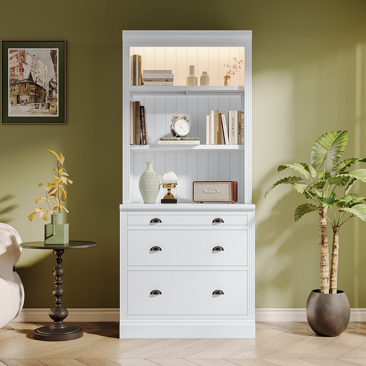 Modern White 83.4 Bookshelf and Writing Desk Suite with LED Lighting and Drawers