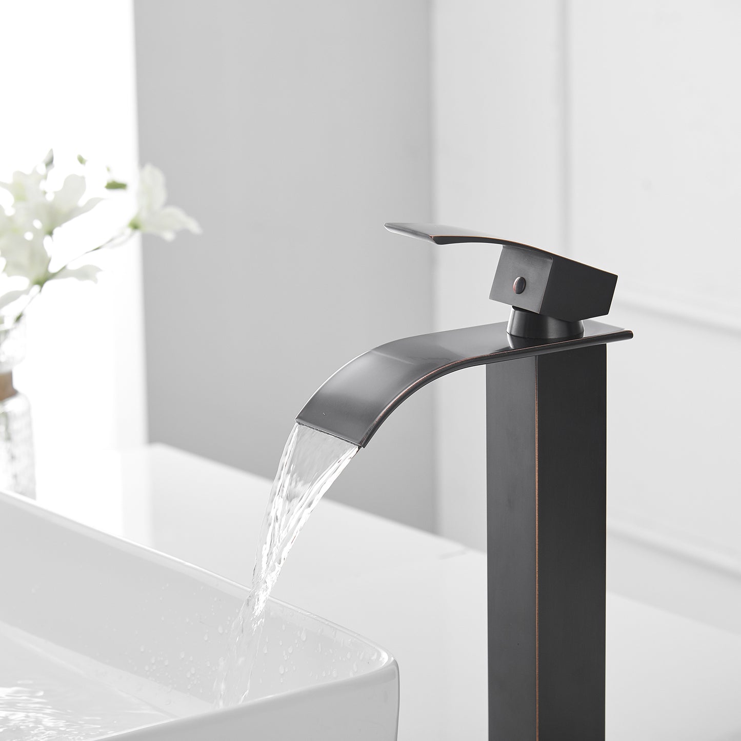 Oil Rubbed Bronze Waterfall Vessel Sink Faucet with Single Handle and Pop-up Drain