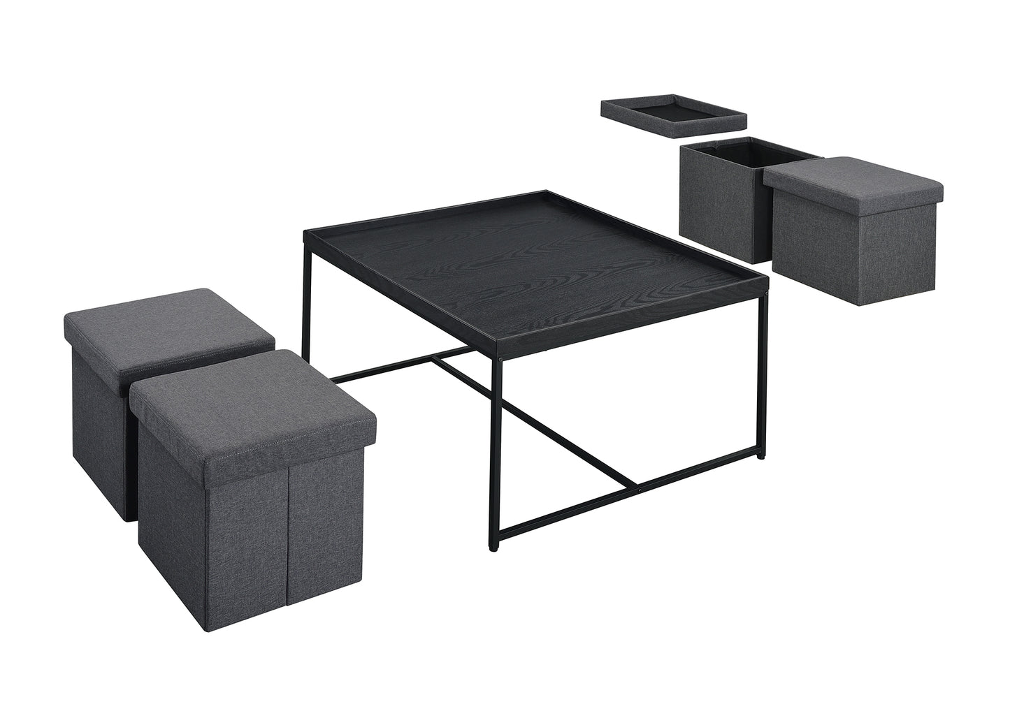 Vinny Black Wood Grain Coffee Table Set with Storage Stools and Raised Edges