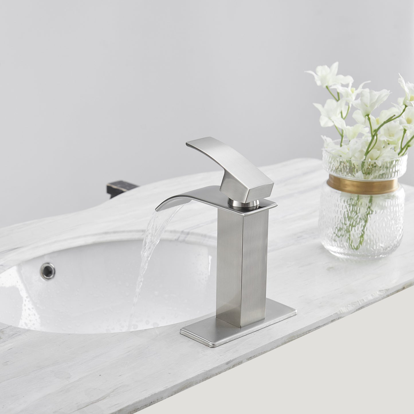 Brushed Nickel Waterfall Bathroom Faucet With Single-Handle Operation