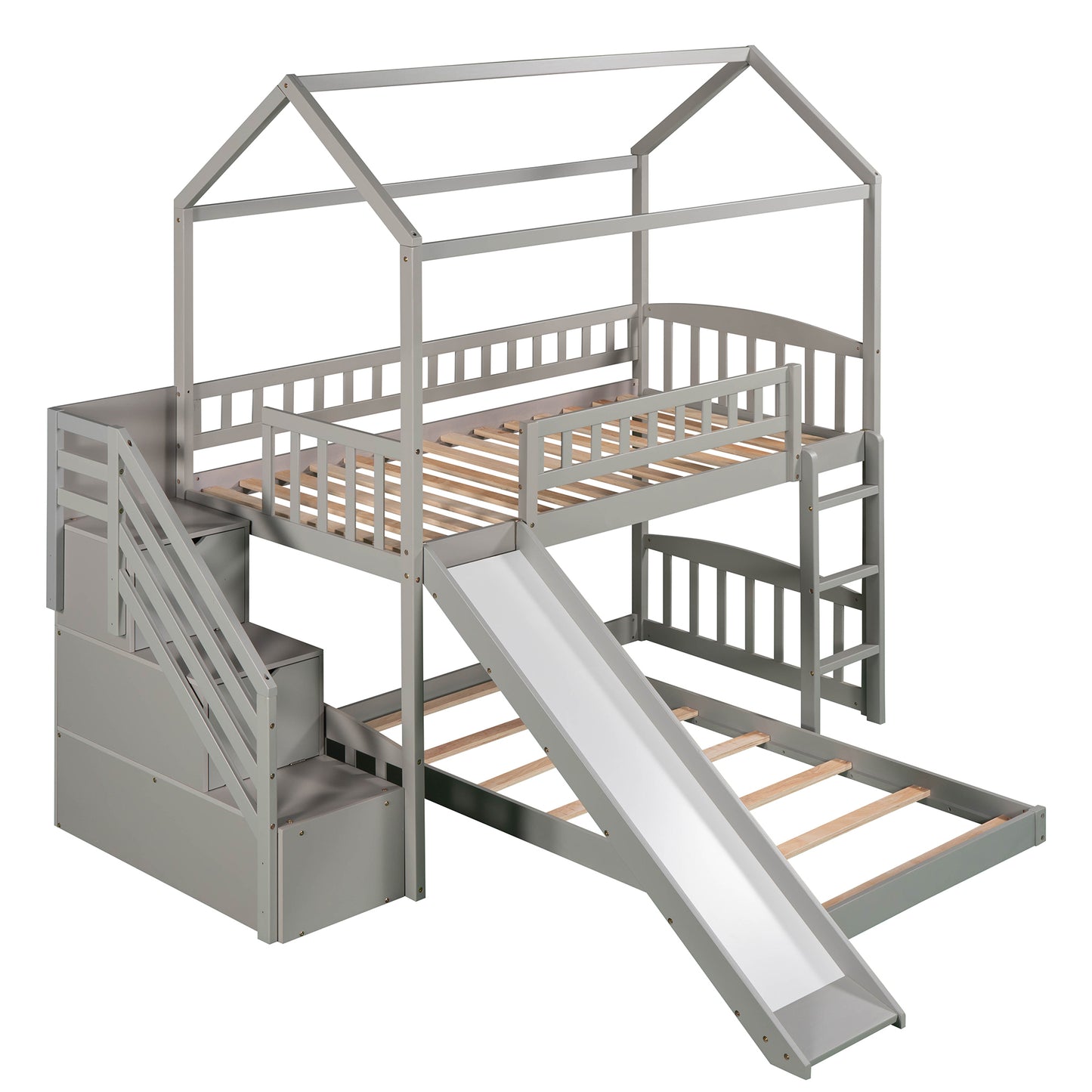 White House Design Twin Over Twin Bunk Bed with Slide and Storage Steps