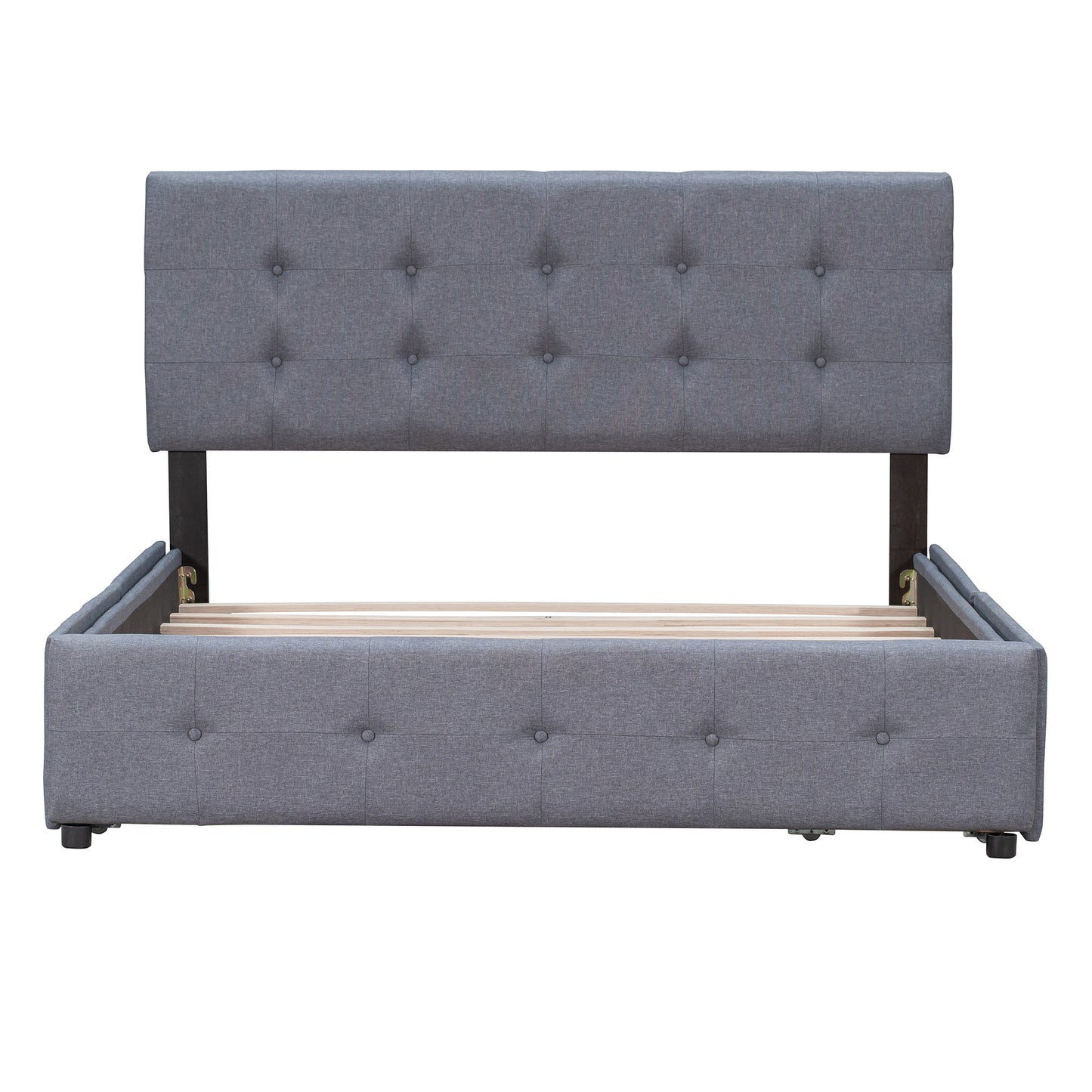 Upholstered Platform Bed with Classic Headboard and 4 Drawers, No Box Spring Needed, Linen Fabric, Queen Size Dark gray