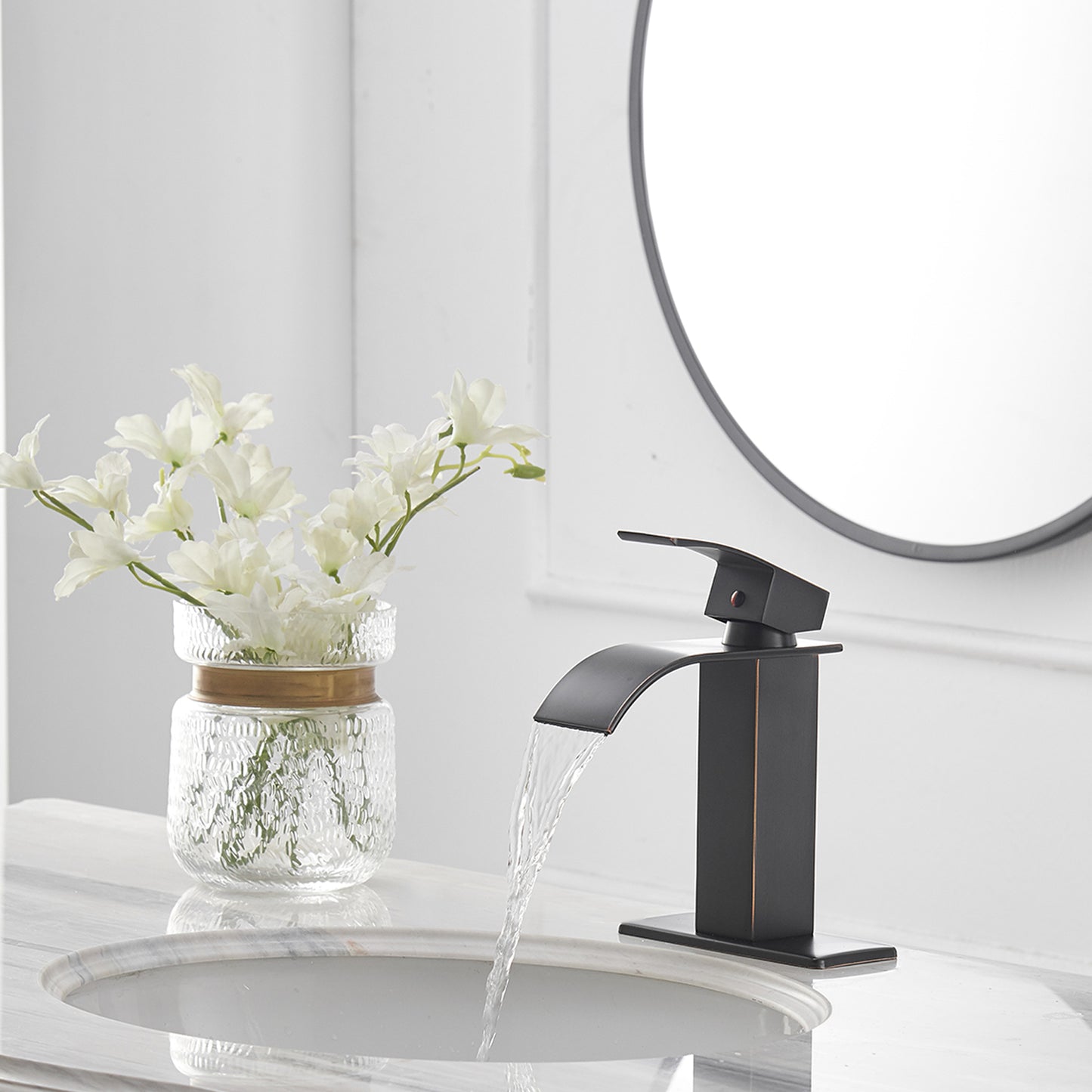 Bronze Waterfall Bathroom Faucet with Single Handle and Pop-up Drain