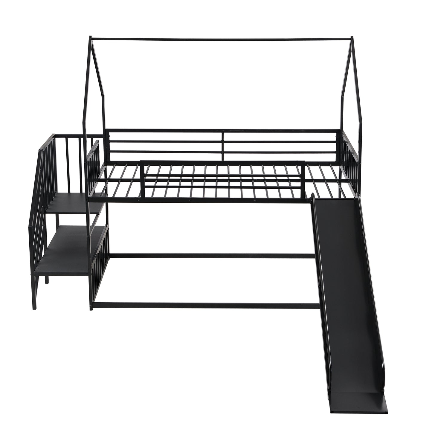 Kids Black Metal Twin Bunk Bed House with Slide and Storage Staircase