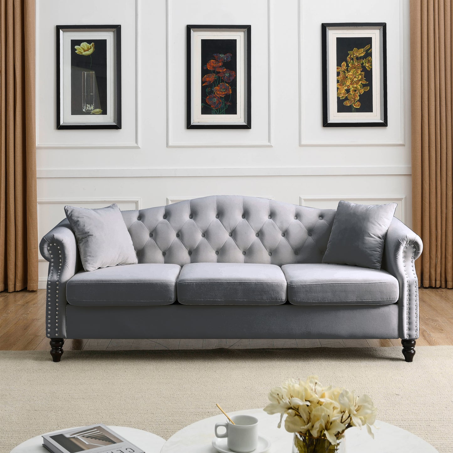 Grey Velvet Chesterfield 3-Seater Sofa Combination with Nailhead Trim