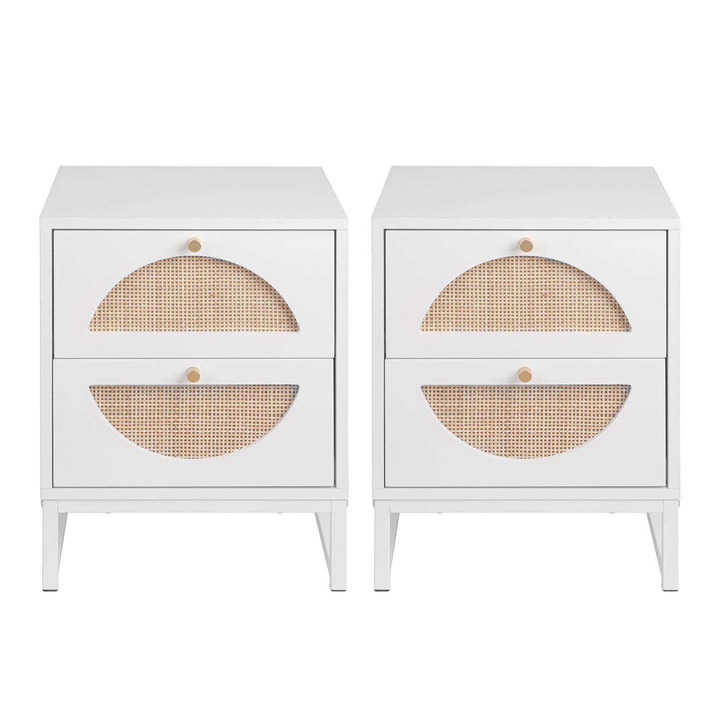 Allen 2 Drawer Nightstand Set of 2, White, Natural Rattan, Display Rack for Bedroom and Living Room