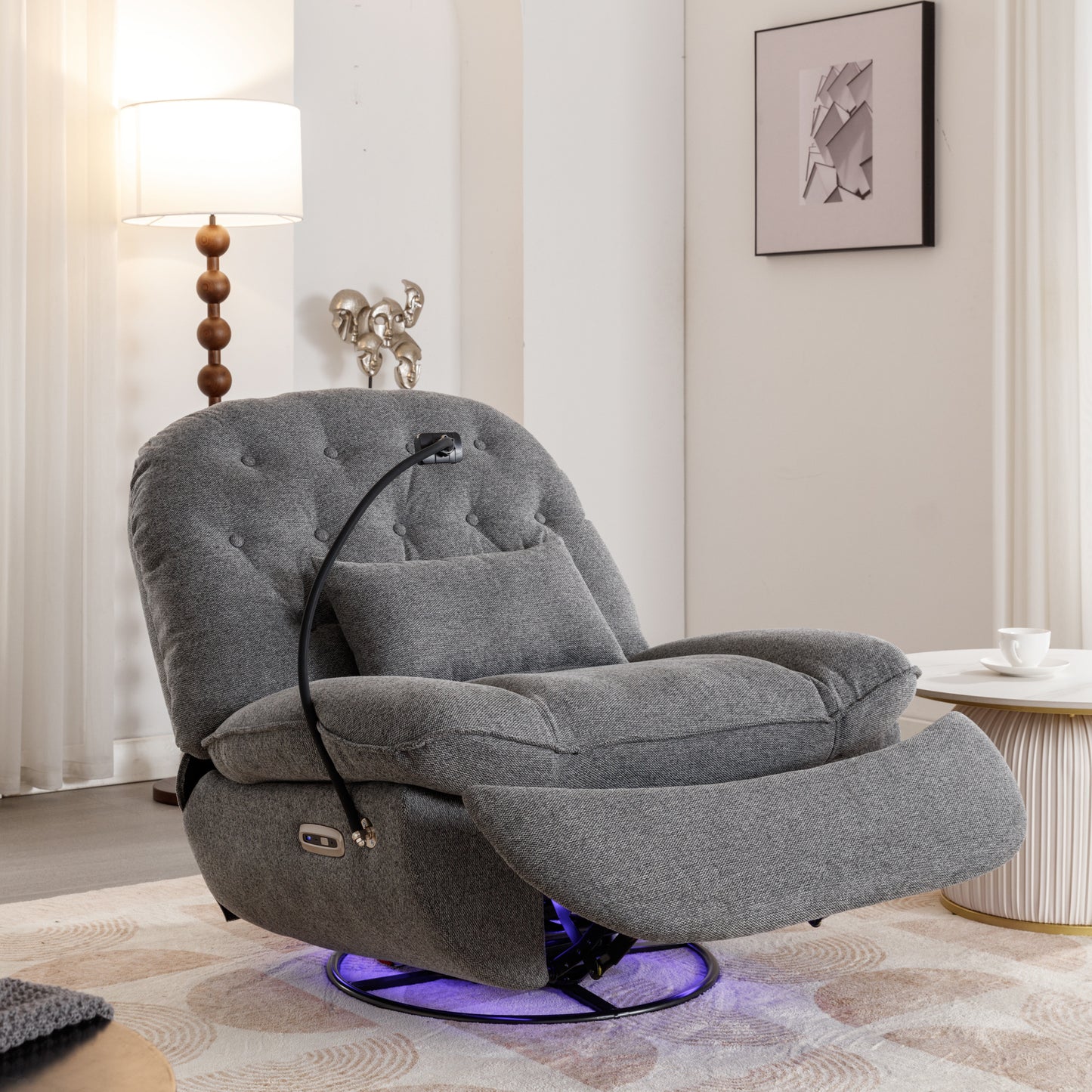 Smart Grey Recliner with Swivel, Voice Control, and Bluetooth Music Player