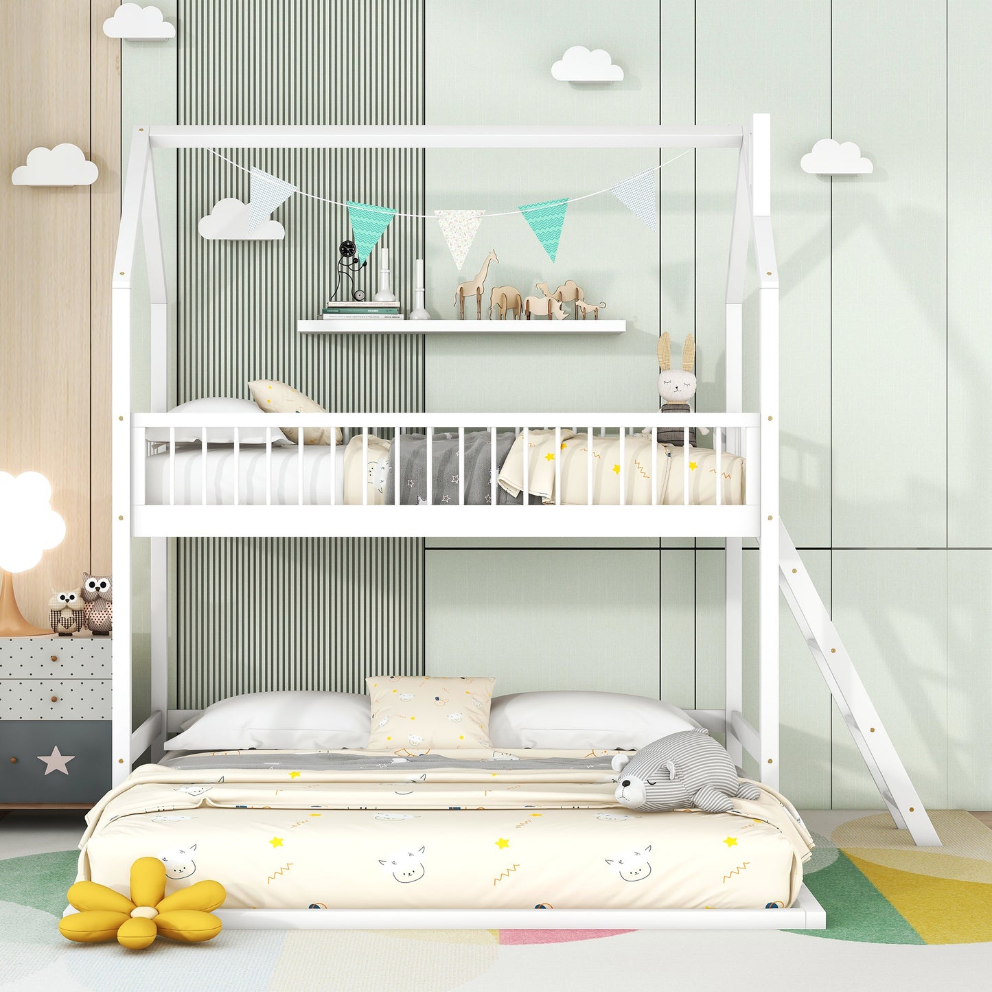 House-Shaped Twin Bunk Bed with Trundle, Ladder, and Twin Over Twin Size Sleep Space