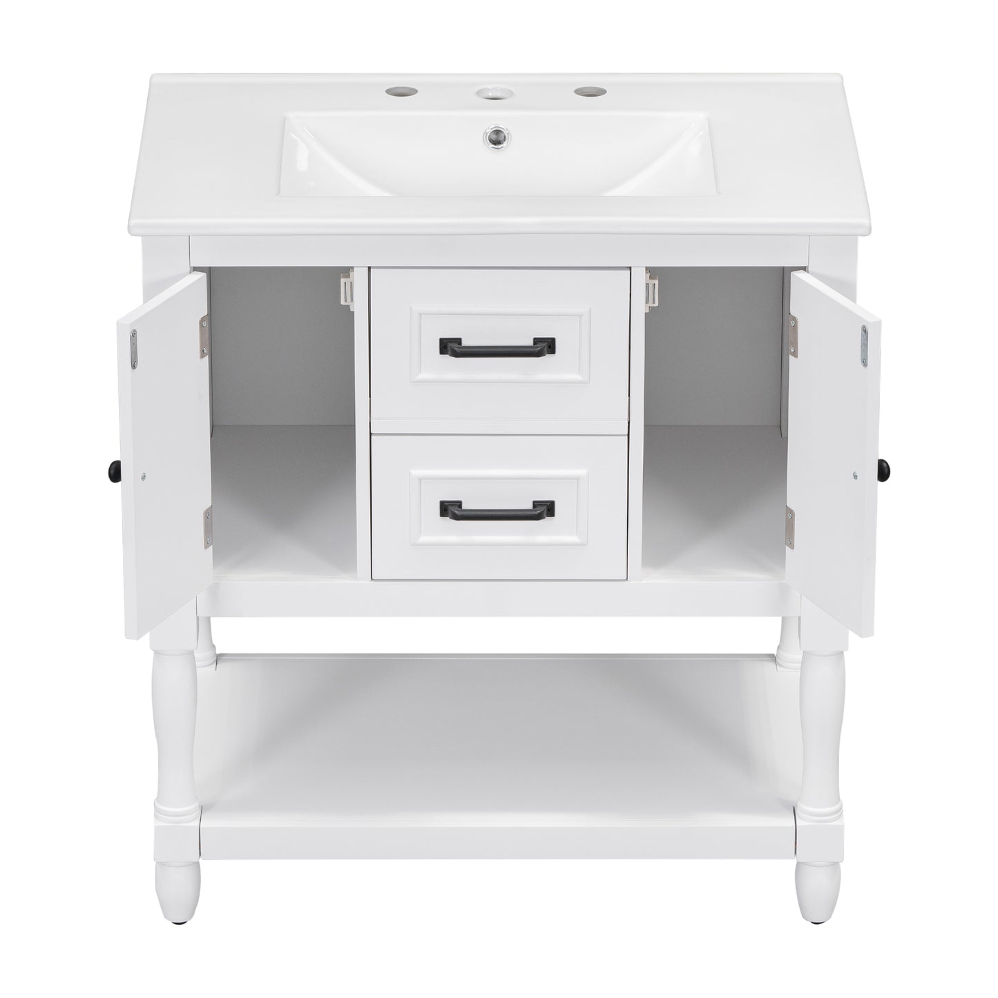 30" Bathroom Vanity with Sink Top, Bathroom Vanity Cabinet with Two Doors and Two Drawers, Solid Wood Frame, One Package, White