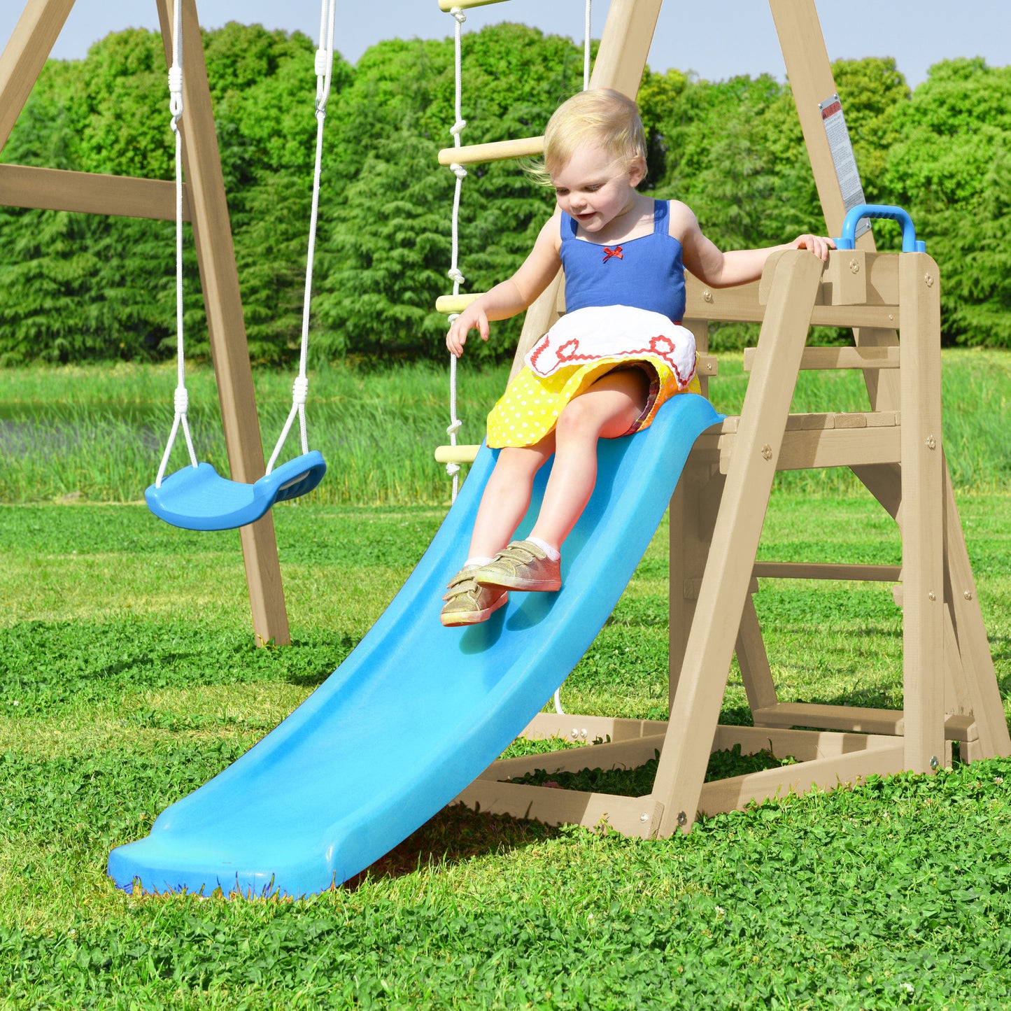 Wooden Swing Set with Slide and Climbing Rope Ladder for Toddler and Kids