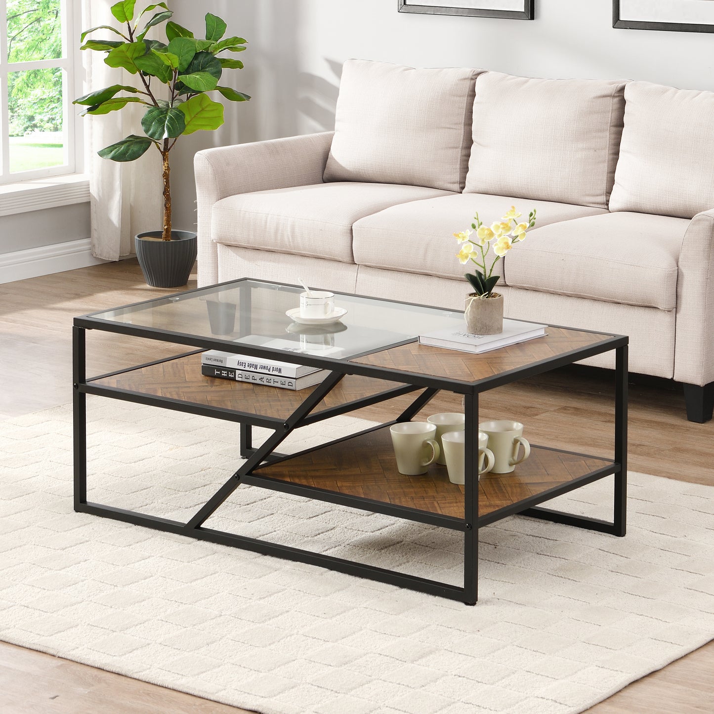 Sleek Black Coffee Table with Tempered Glass Top and Storage Shelf: Ideal for Living Room and Bedroom